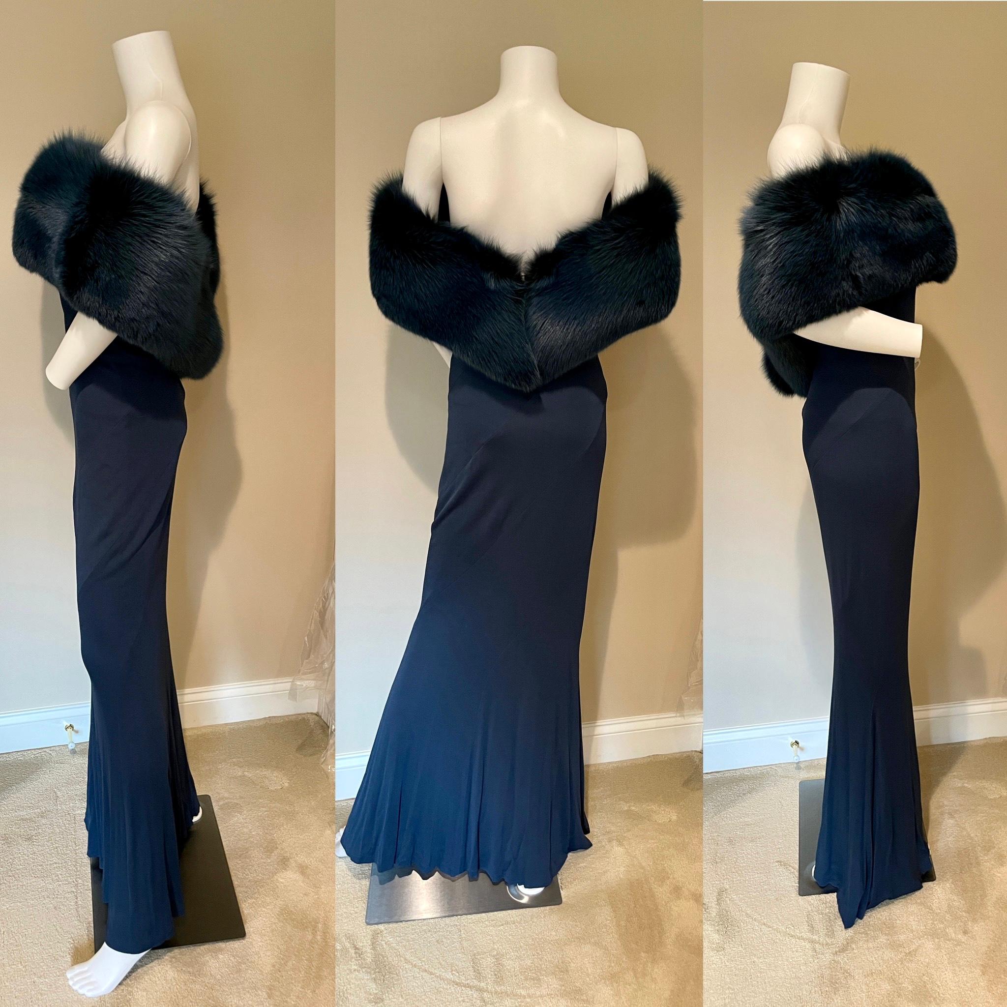FW99 runway Vintage Randolph Duke long navy blue maxi dress with huge (undetachable) fur stole. The composition tag is cut out, but it looks like a synthetic matte jersey material and dyed fox fur. The size label has also been cut out, but it looks