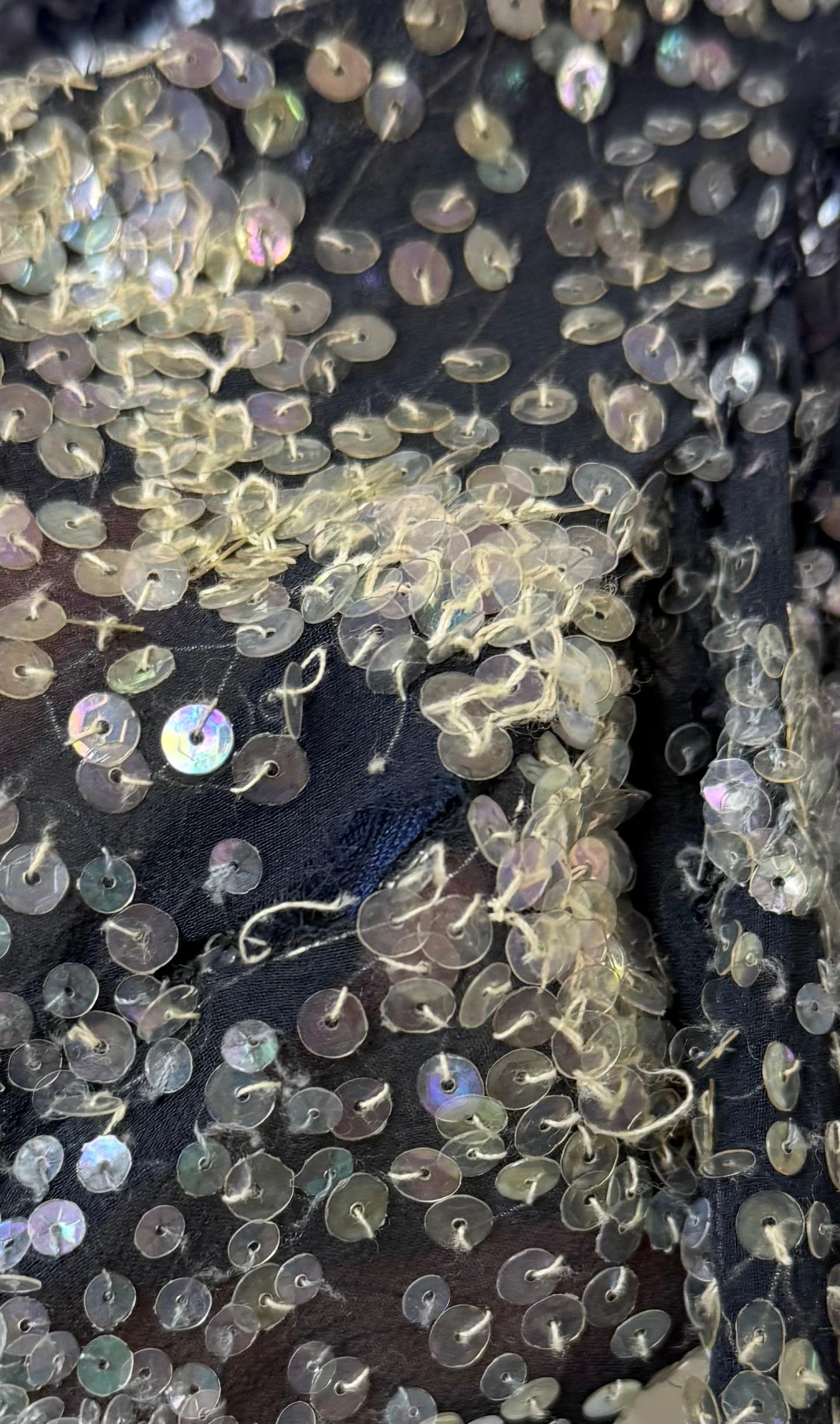 RANDOLPH DUKE 2000 Vintage Runway Azul Marino Plateado Conjunto Falda Lentejuelas Abertura Muslo en venta 5