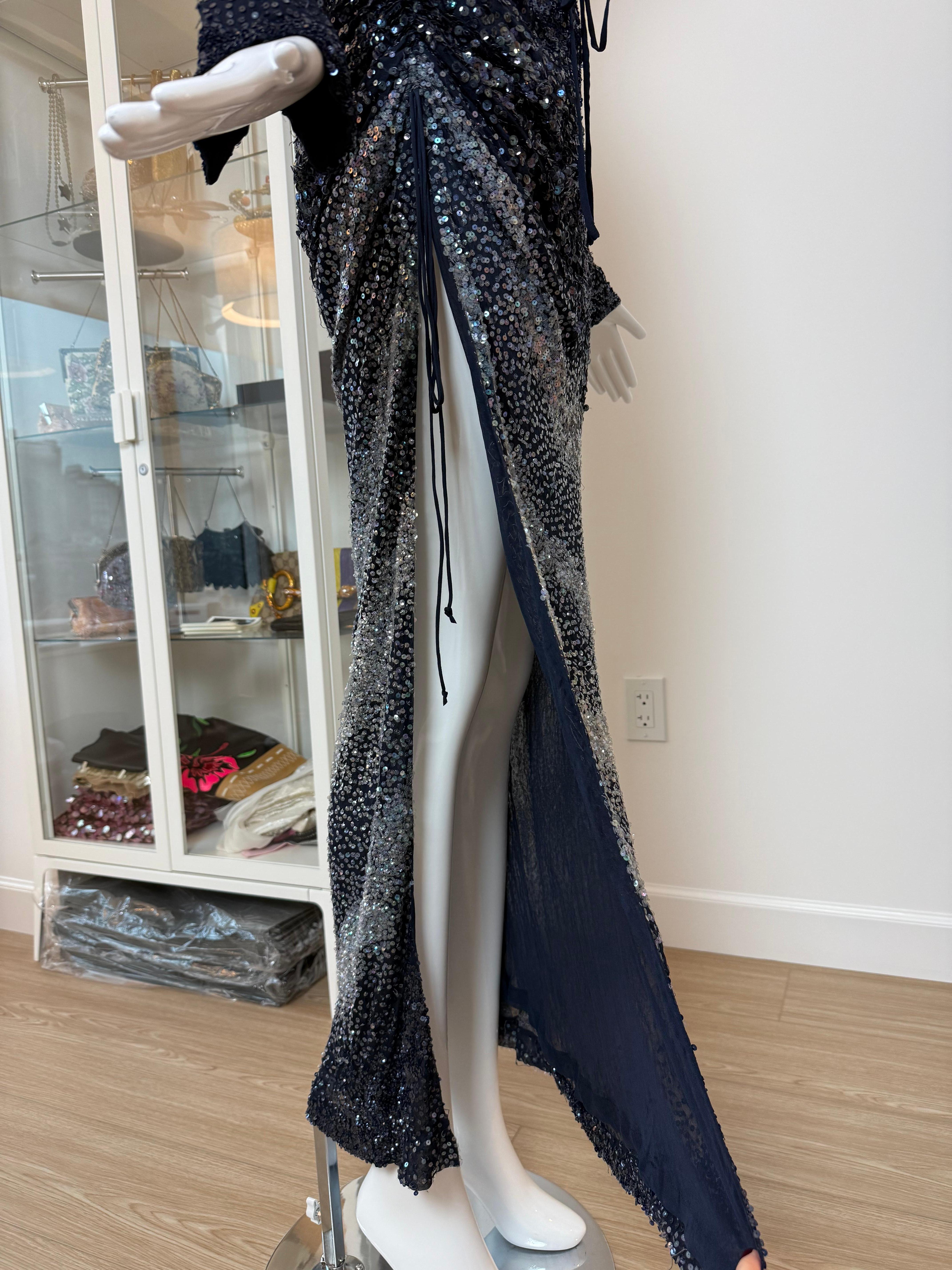 De las mujeres RANDOLPH DUKE 2000 Vintage Runway Azul Marino Plateado Conjunto Falda Lentejuelas Abertura Muslo en venta