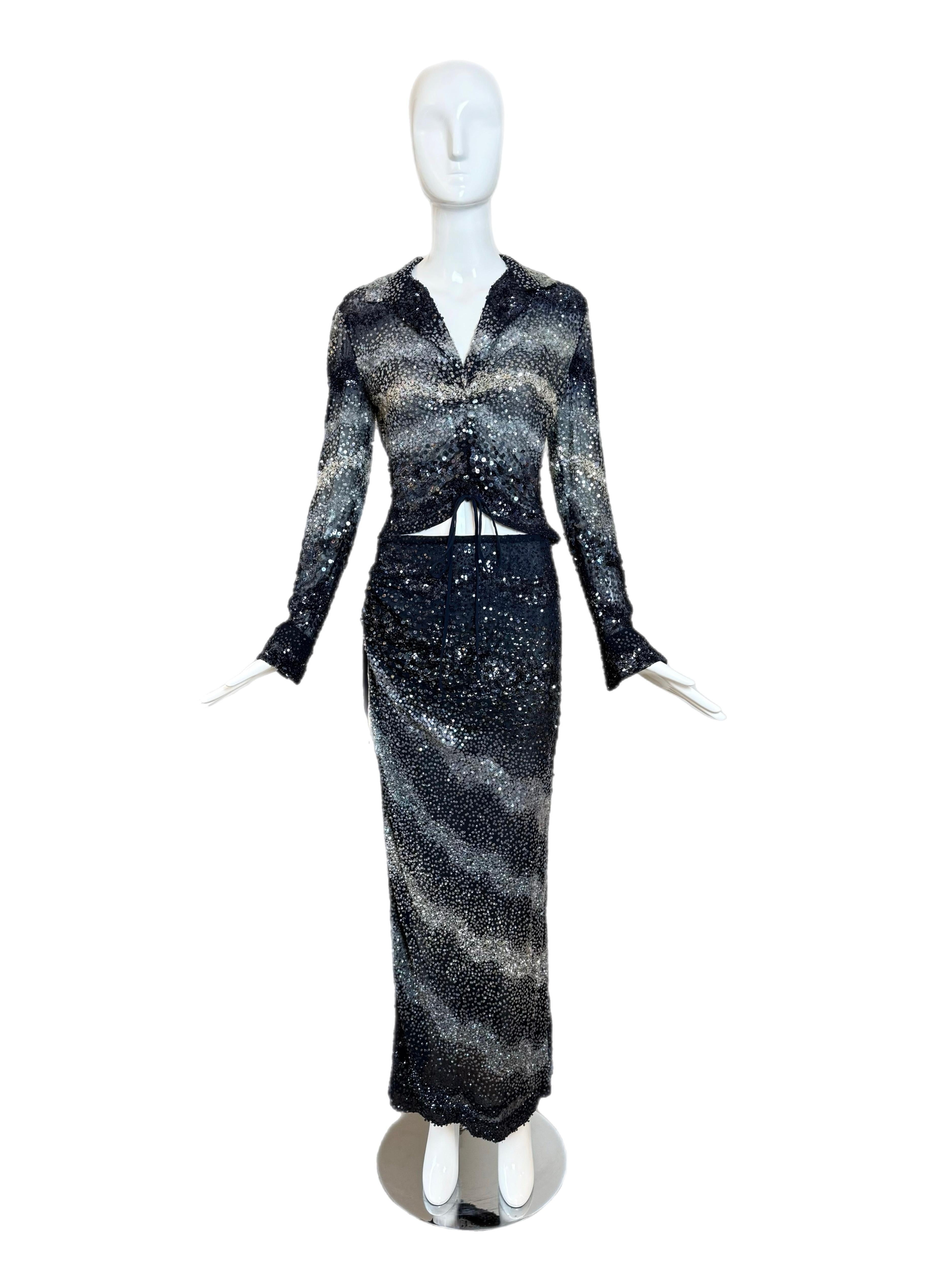 RANDOLPH DUKE 2000 Vintage Runway Azul Marino Plateado Conjunto Falda Lentejuelas Abertura Muslo en venta 3