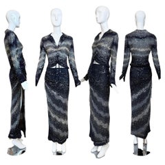 RANDOLPH DUKE 2000 Vintage Runway Navy Blue Silver Sequin Skirt Set Thigh Slit