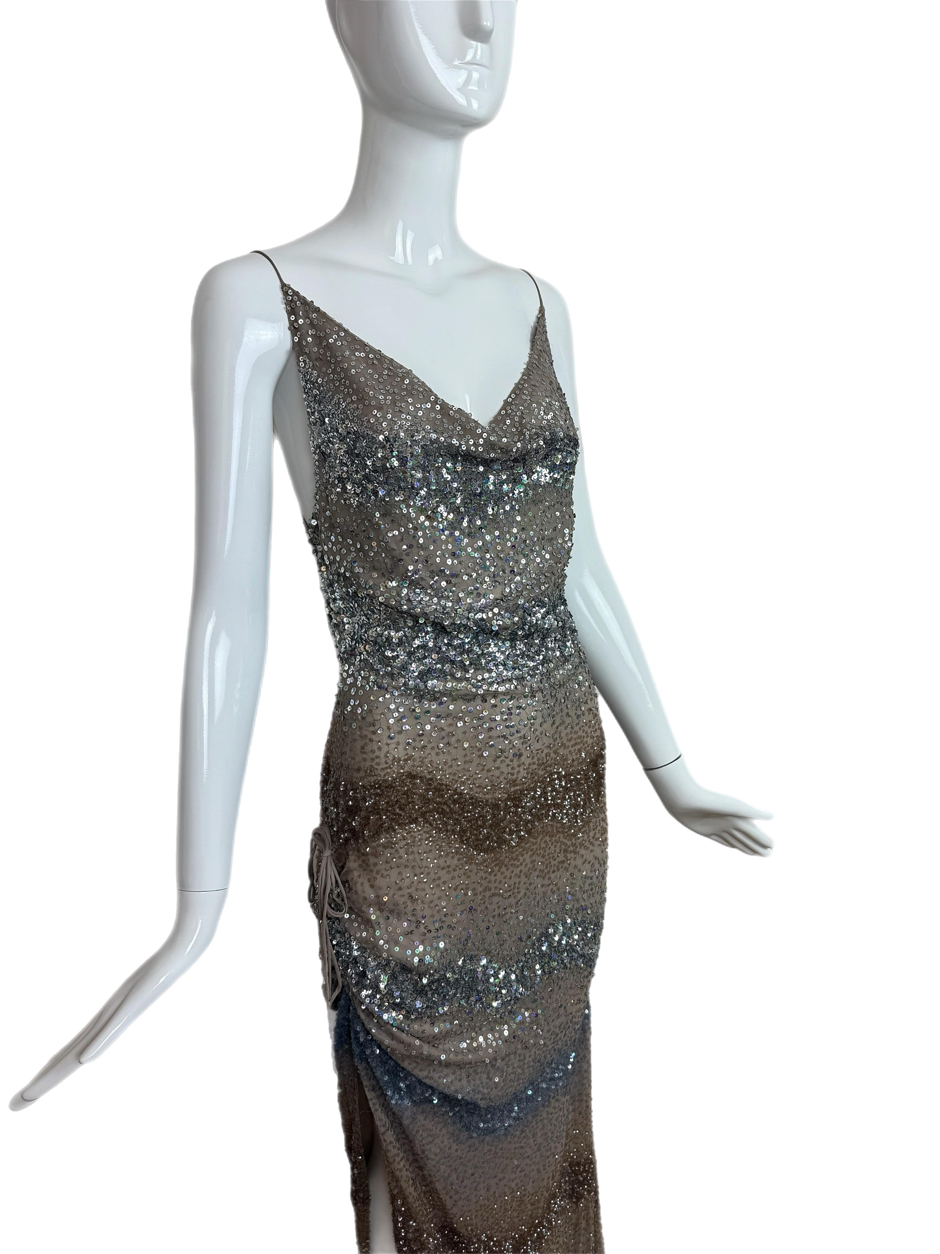 RANDOLPH DUKE 2000 Vintage Runway Sequin Silk Gown Maxi Dress Embellished For Sale 5