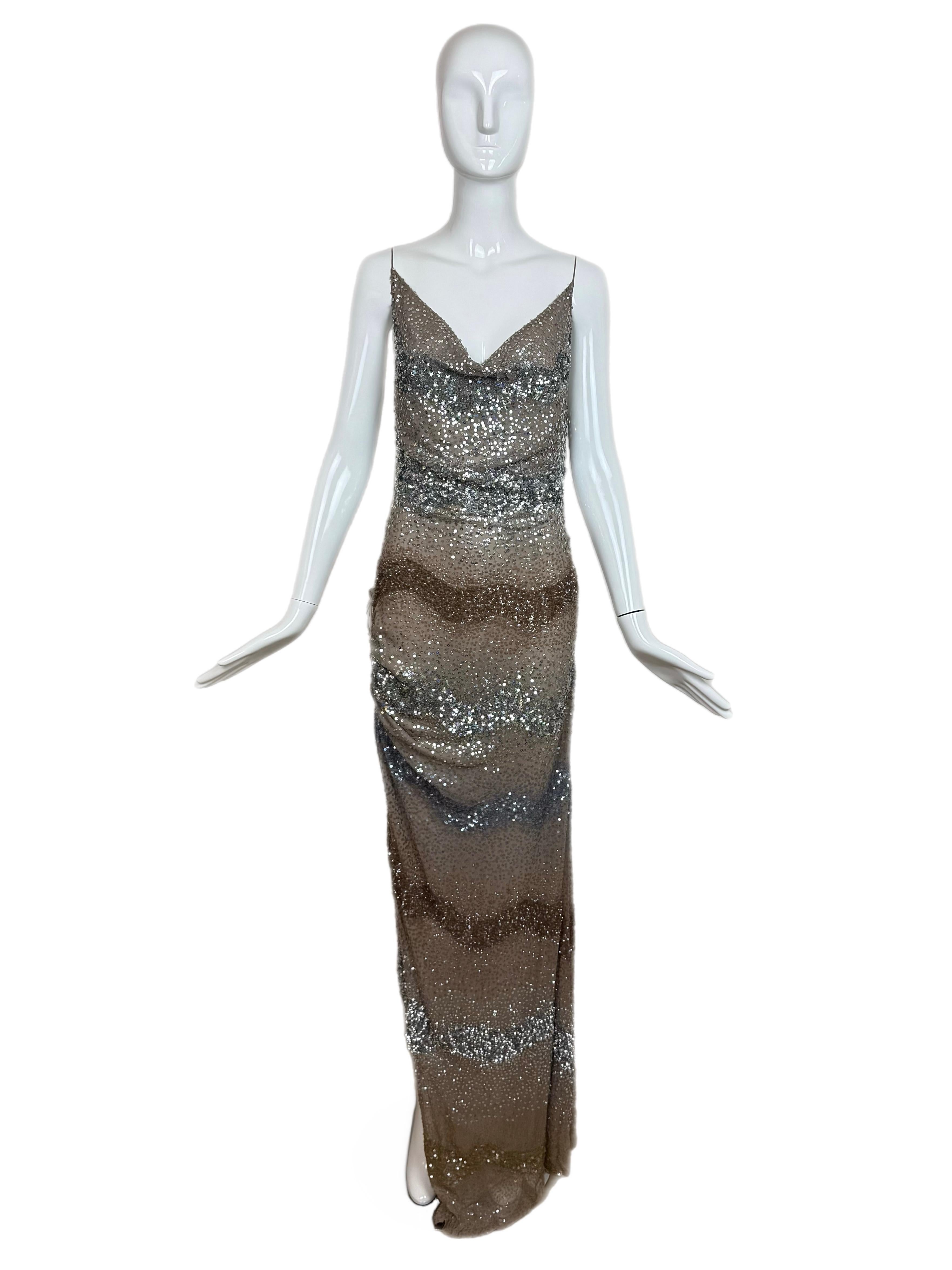 RANDOLPH DUKE 2000 Vintage Runway Sequin Silk Gown Maxi Dress Embellished For Sale 7