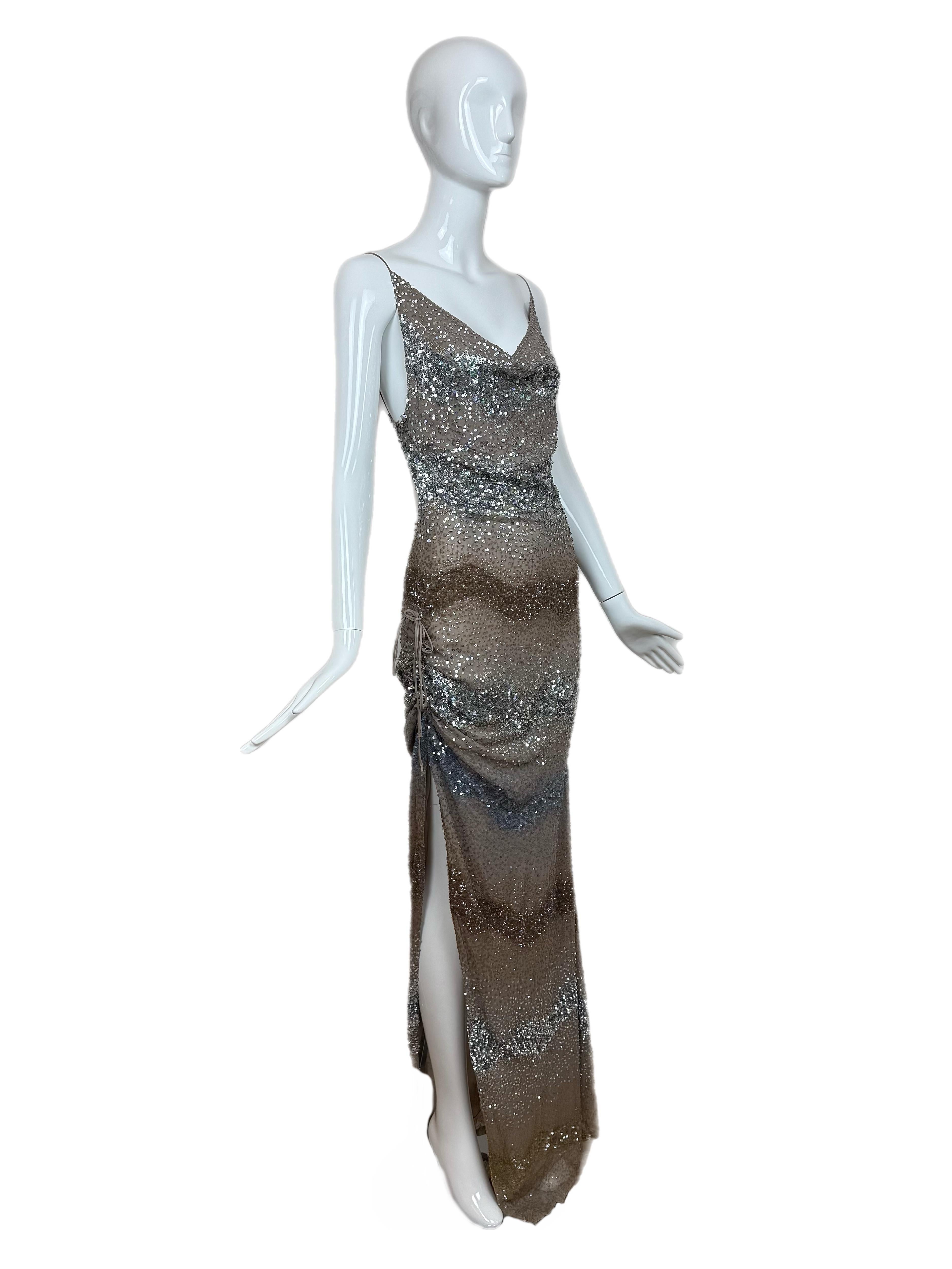 Gray RANDOLPH DUKE 2000 Vintage Runway Sequin Silk Gown Maxi Dress Embellished For Sale