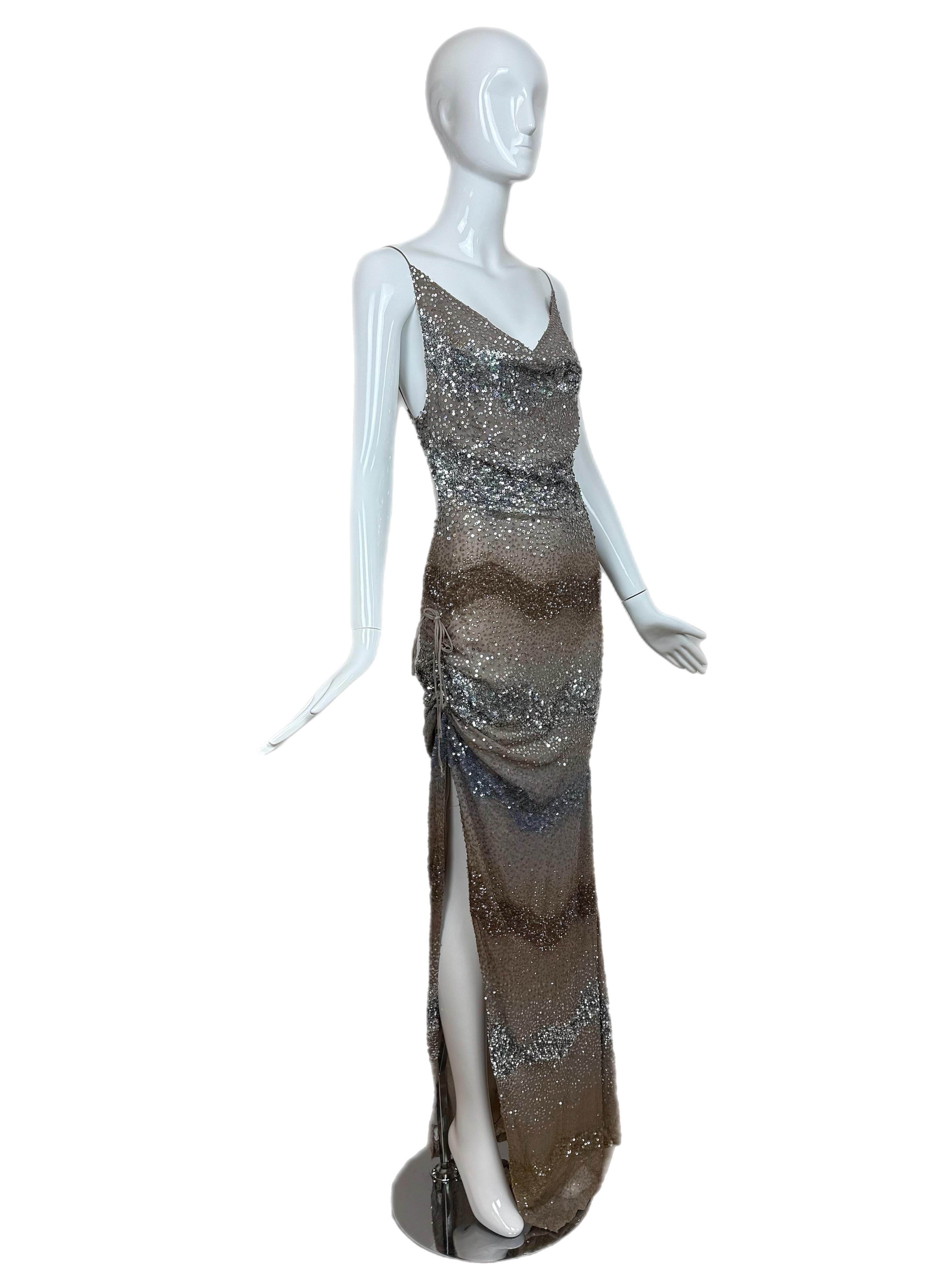RANDOLPH DUKE 2000 Vintage Runway Sequin Silk Gown Maxi Dress Embellished For Sale 2