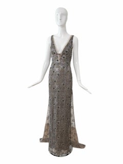 RANDOLPH DUKE 2005 Vintage Silver Floral Beaded Evening Gown w. Train Maxi Dress