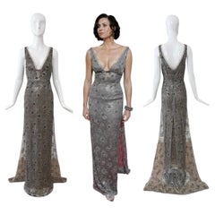 RANDOLPH DUKE 2005 Vintage Silver Floral Beaded Evening Gown w. Train Maxi Dress