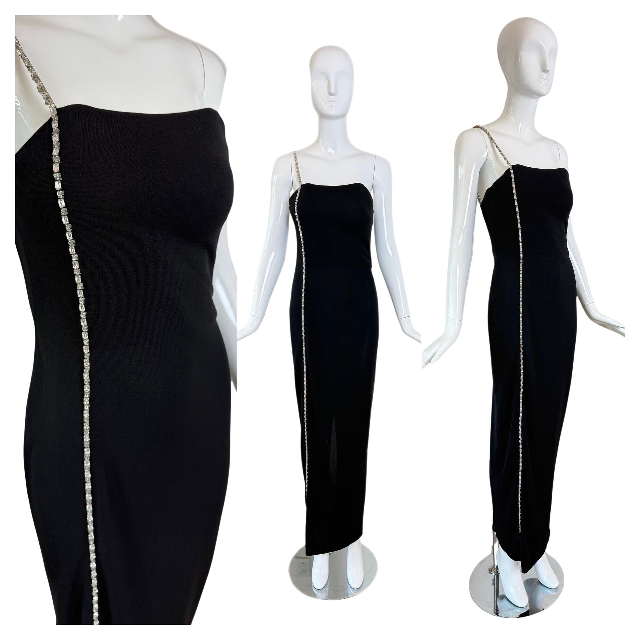 RANDOLPH DUKE 90/00 Vintage Black Evening Gown w. Crystal Gem Trim Maxi Dress in vendita