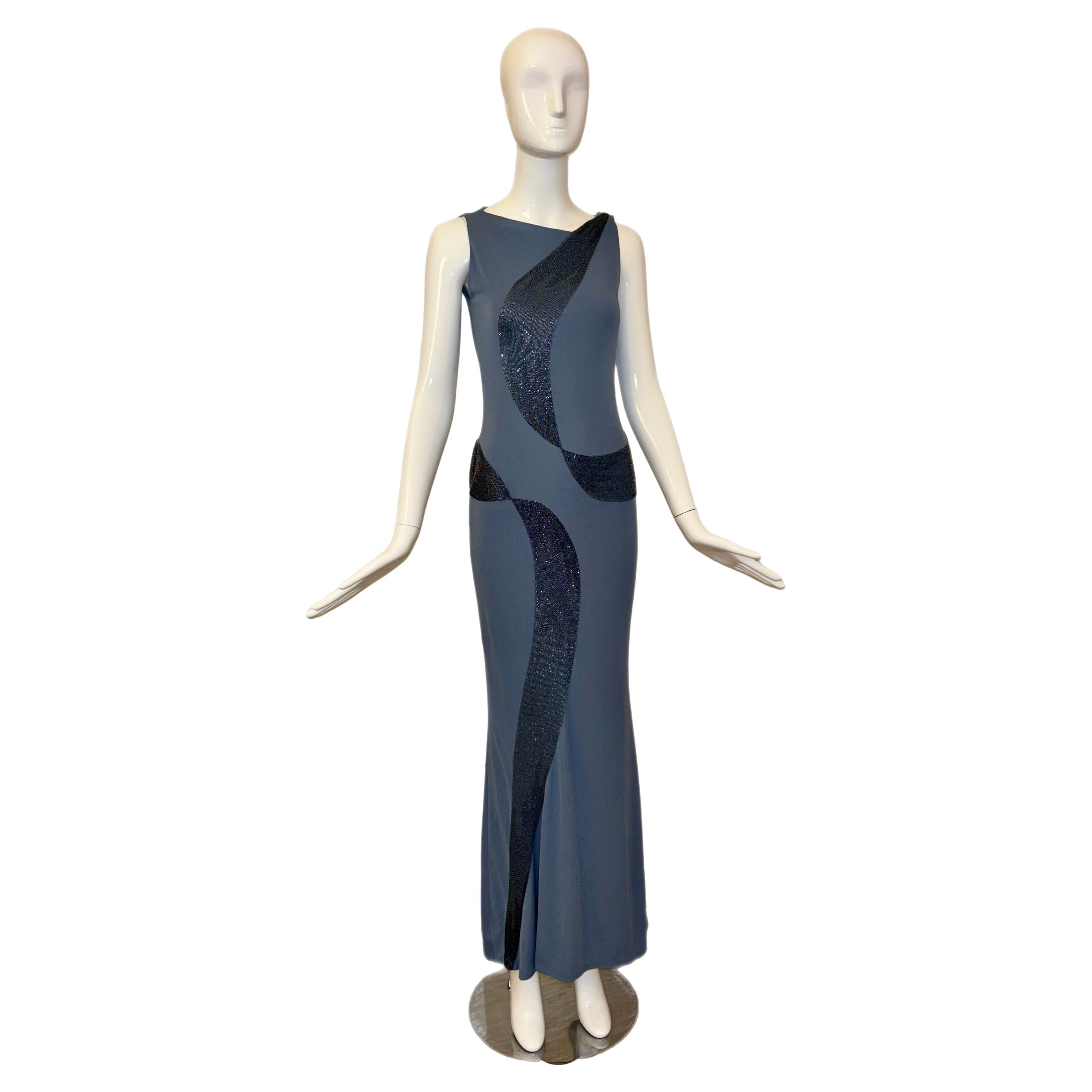 RANDOLPH DUKE 90's/00 vintage abito da sera blu con perline maxi dress in vendita