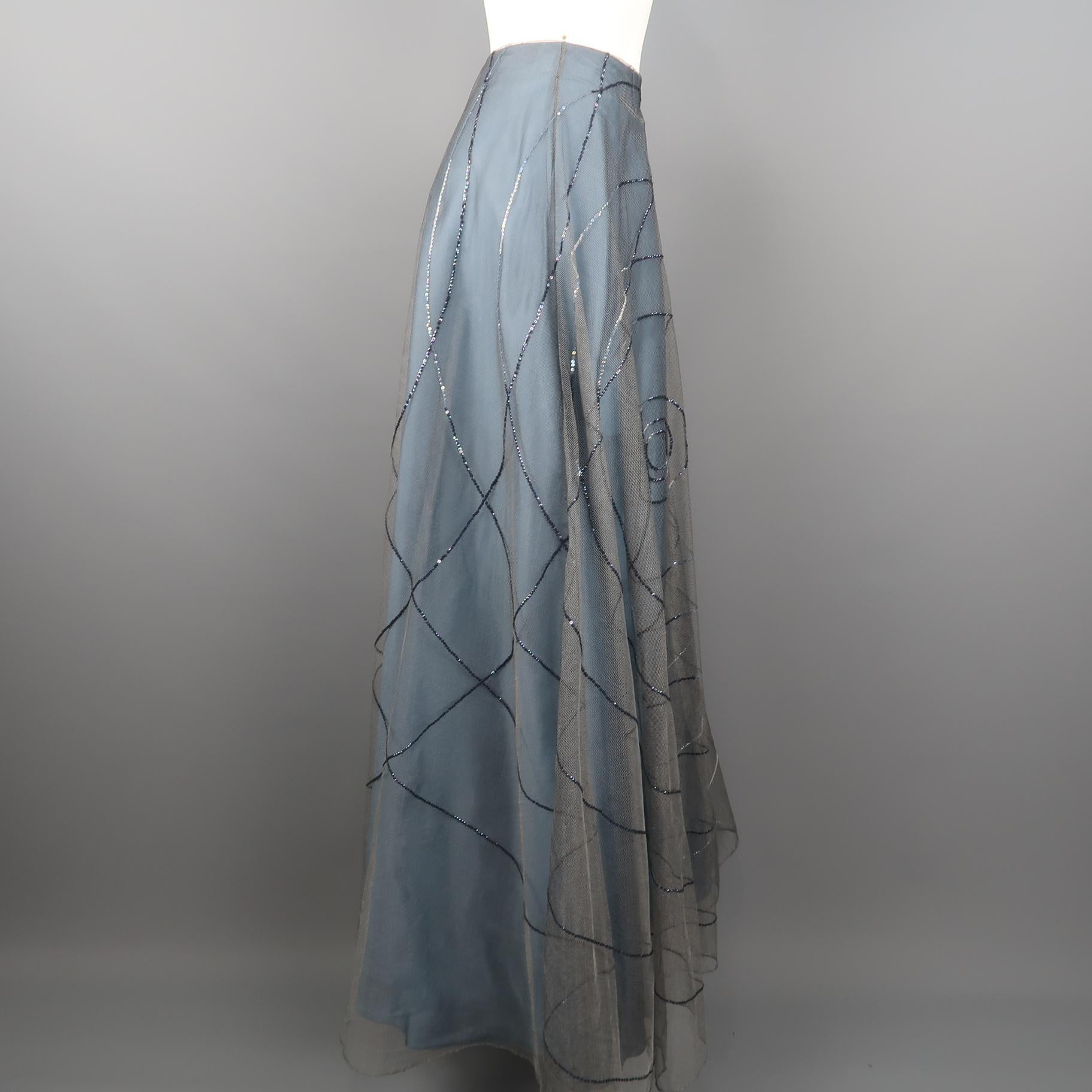 RANDOLPH DUKE Size 10 Blue Sequin Tulle Overlay Silk Evening Skirt In Good Condition In San Francisco, CA