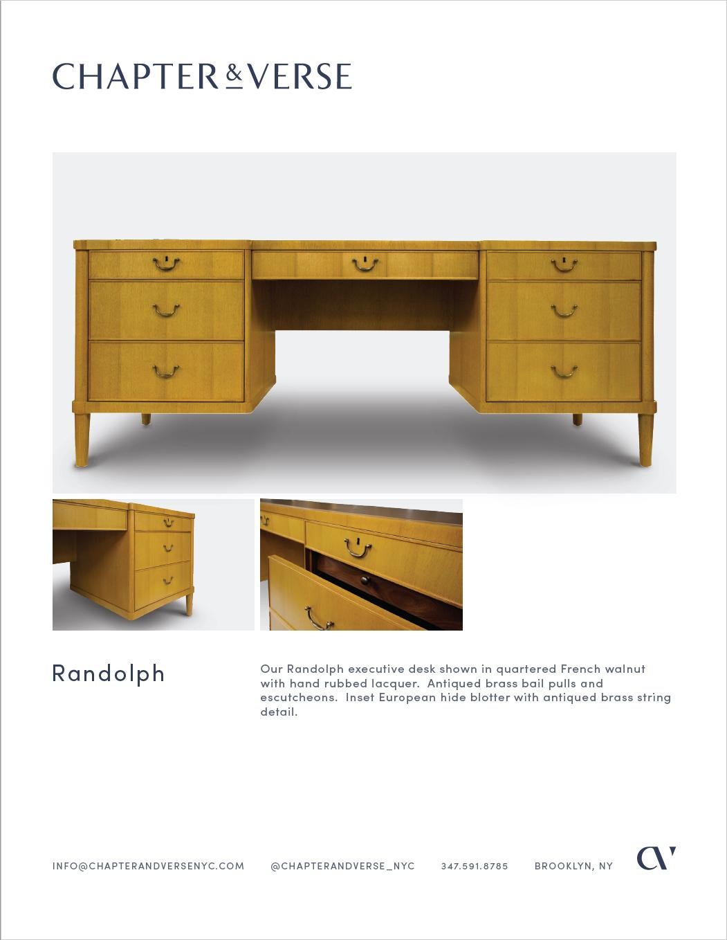 Lacquered Randolph Executive Desk in French Walnut with Antiqued Brass by Chapter & Verse For Sale