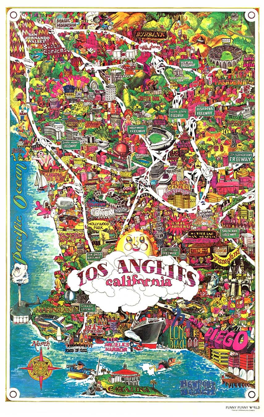 Originale mappa di Los Angeles, California Funny Funny World vintage