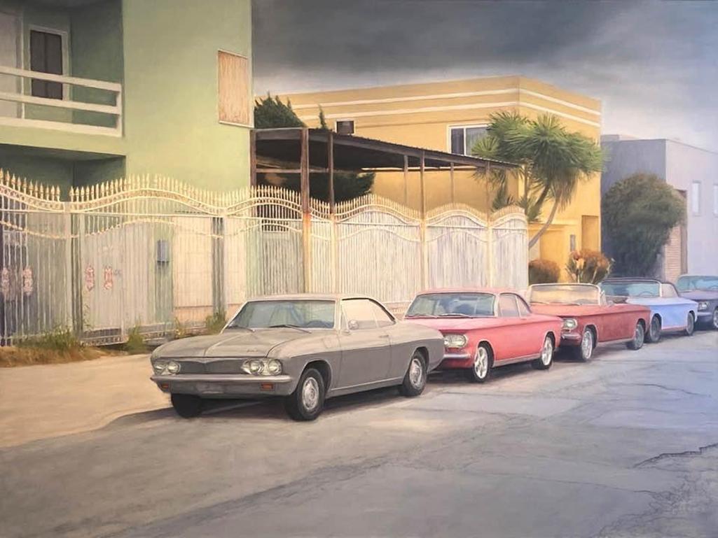 Randy Beckelheimer Figurative Painting - CORVAIR UNLIMITED - Photorealism painting of Chevrolet Corvairs in San Francisco