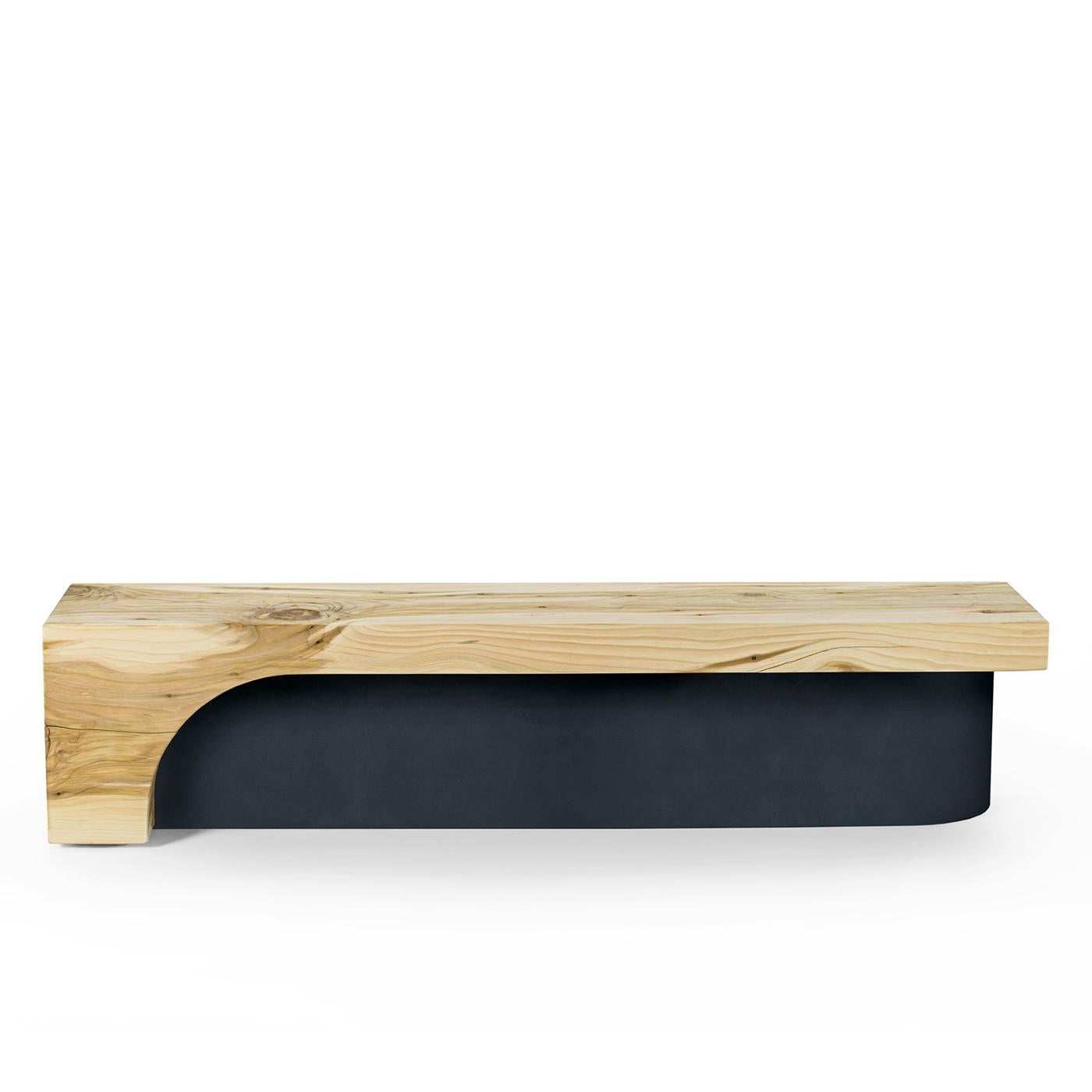 Bench Randy Cedar with solid natural aromatic cedar wood in natural finish.
Made from on block of cedar wood. With base in steel in lacquered finish.
Solid cedar wood include movement, cracks and changes
in wood conditions, this is the essential