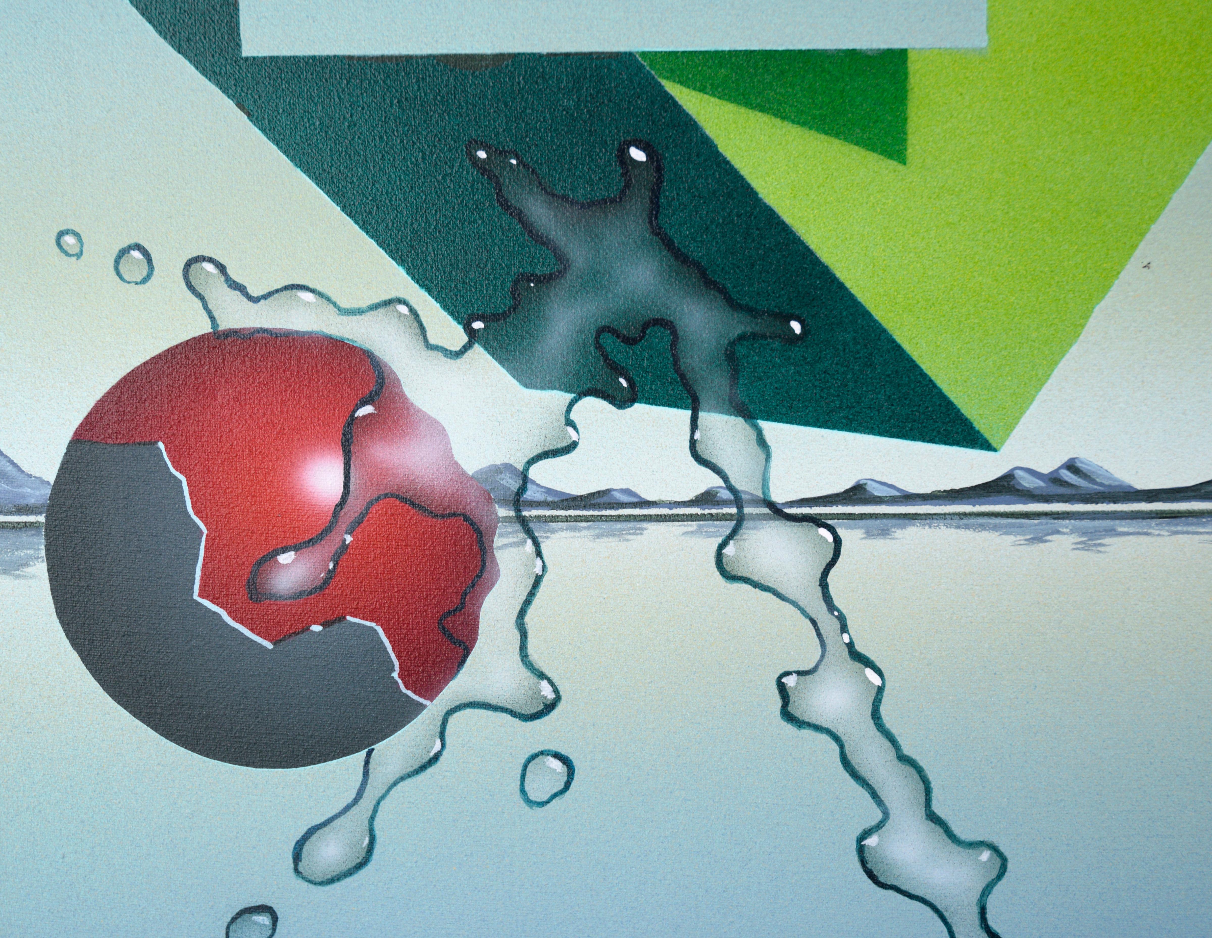 Sphères et cubes géométriques - Paysage surréaliste en acrylique sur toile

Paysage surréaliste lumineux et vivant de Randy Dunham (américain, né en 1961). Six sphères flottent au-dessus d'un paysage minimaliste composé de montagnes et d'une étendue