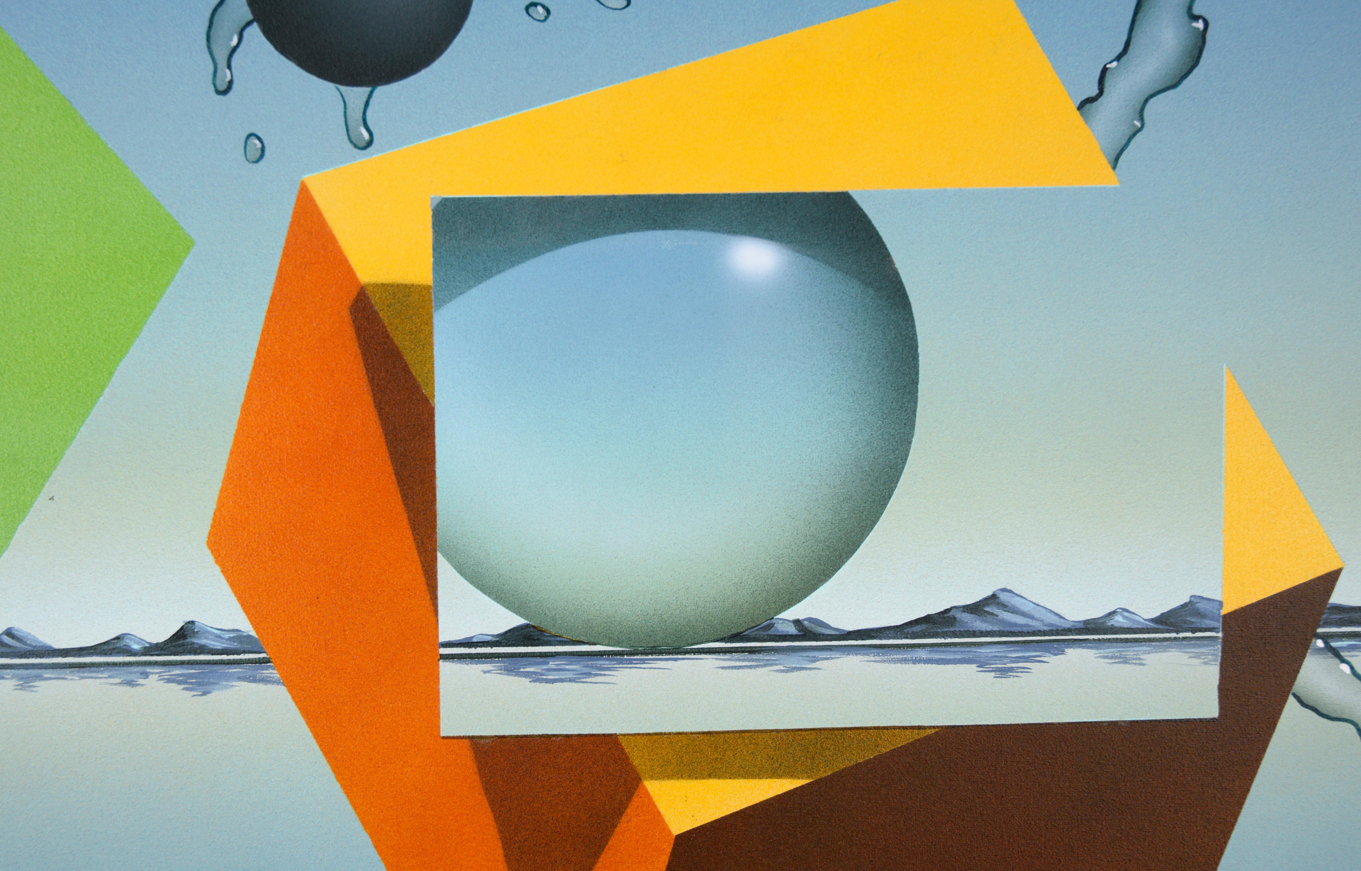 Sphères et cubes géométriques - Paysage surréaliste en acrylique sur toile en vente 1