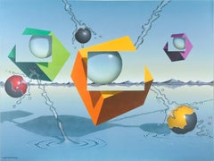 Sphères et cubes géométriques - Paysage surréaliste en acrylique sur toile
