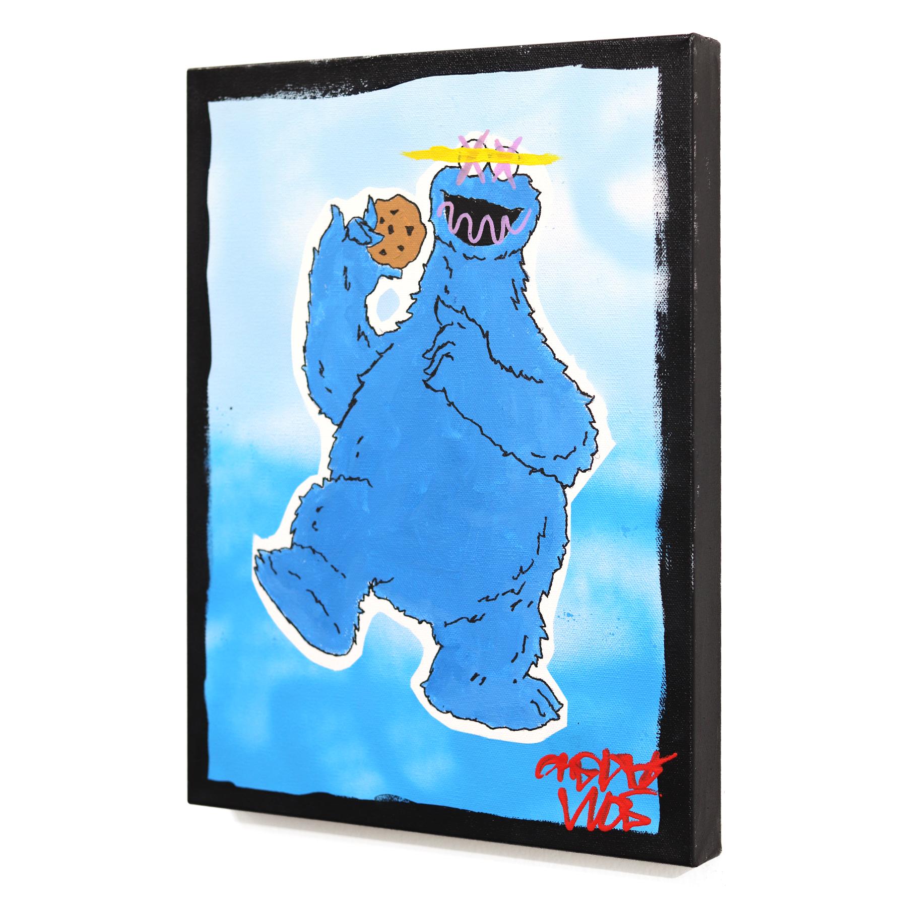 Cookie - Pittura pop art ispirata a un personaggio blu su tela di Randy Morales in vendita 3