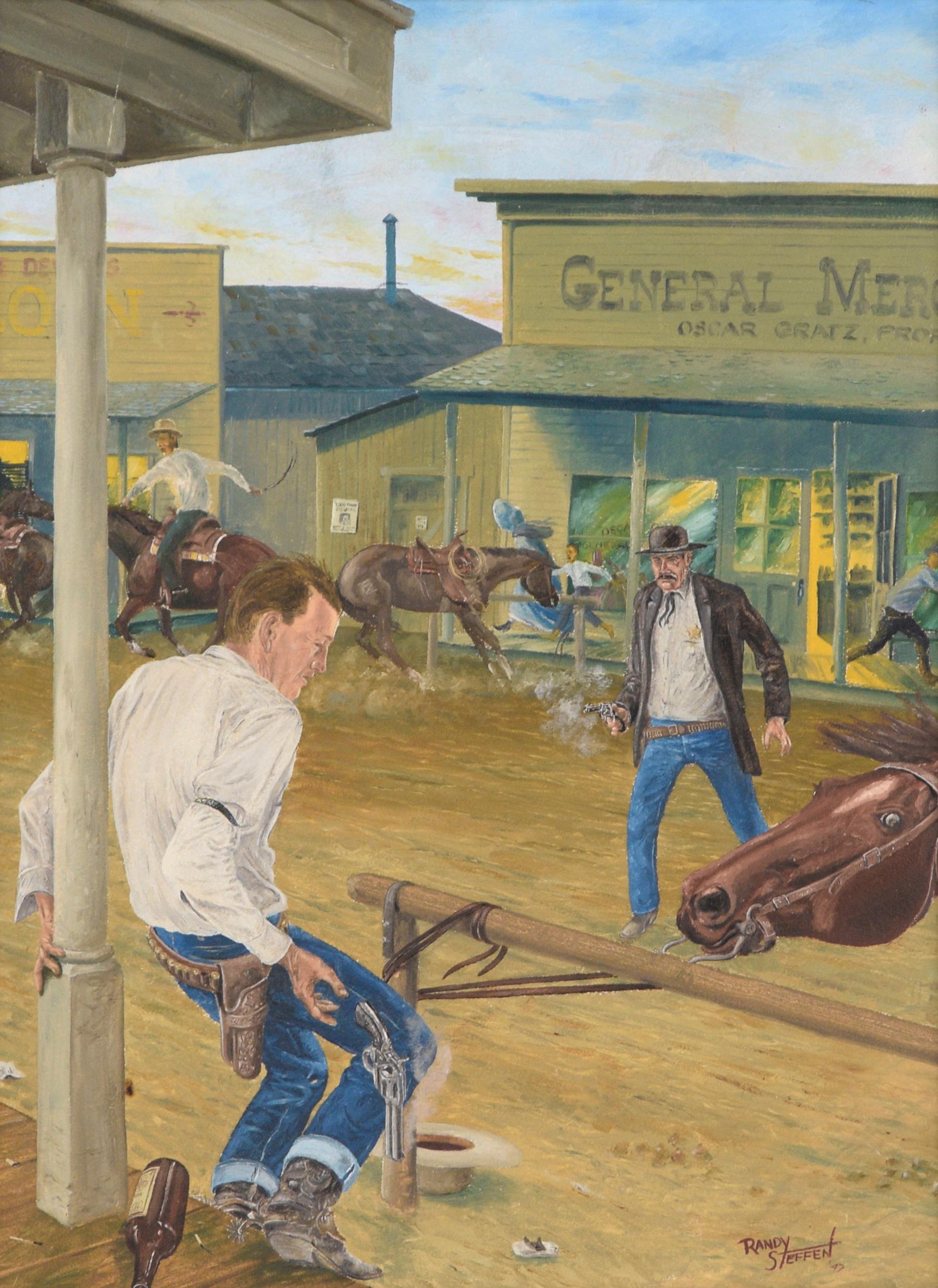 « Sundown », western Shoot Out, scène d'action figurative du milieu du siècle dernier - Painting de Randy Steffen