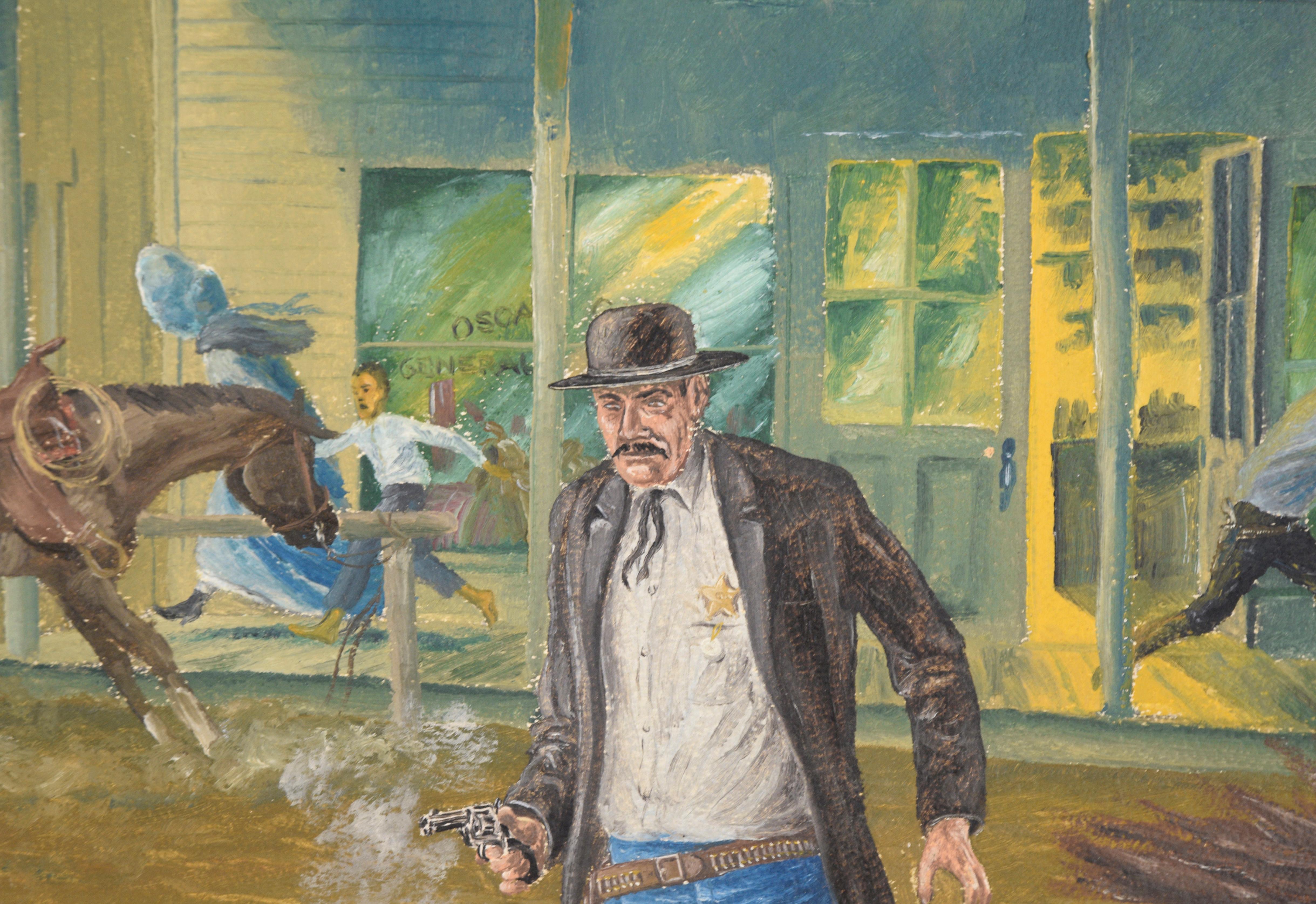 « Sundown », western Shoot Out, scène d'action figurative du milieu du siècle dernier - Marron Figurative Painting par Randy Steffen