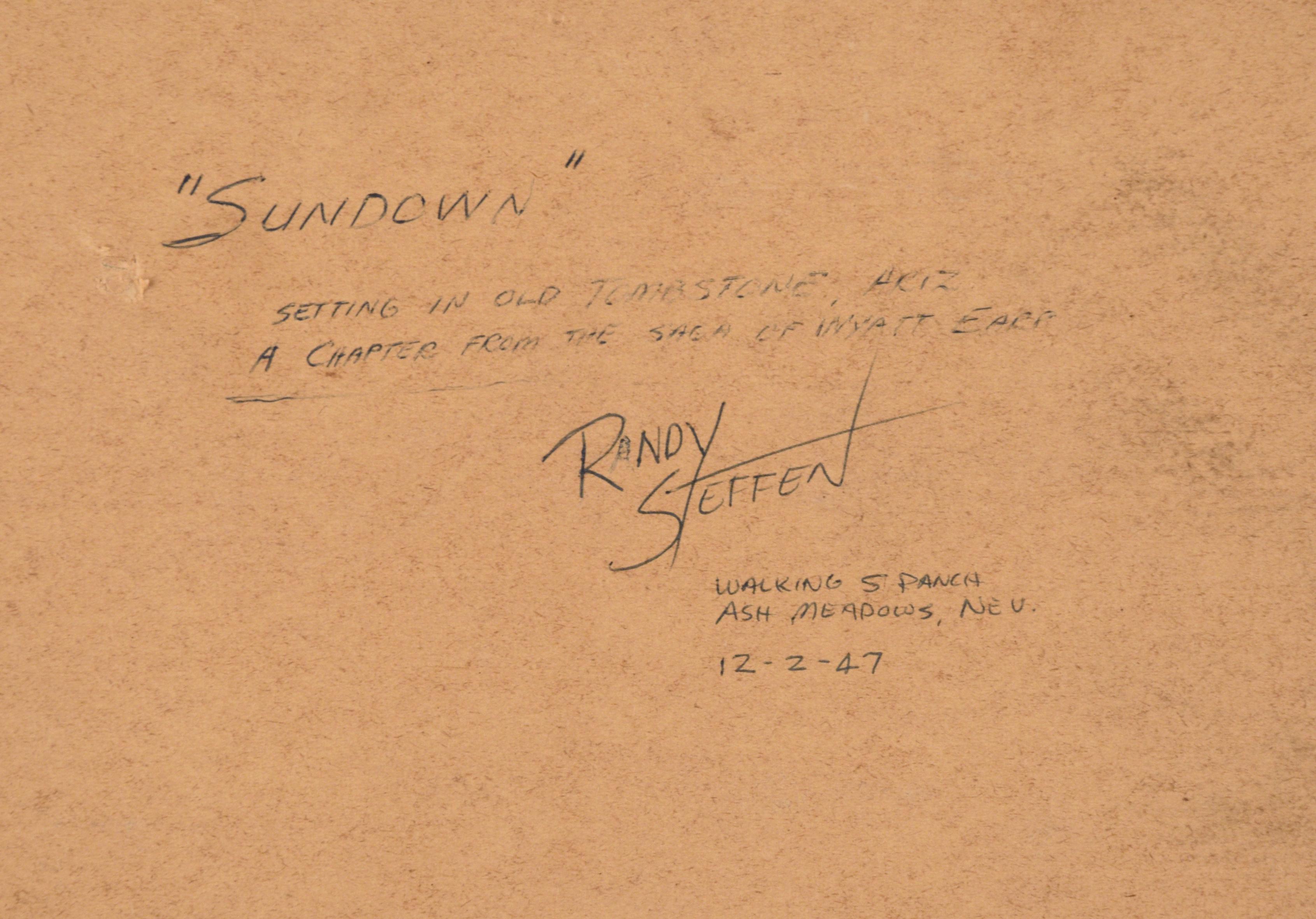 « Sundown », western Shoot Out, scène d'action figurative du milieu du siècle dernier en vente 4