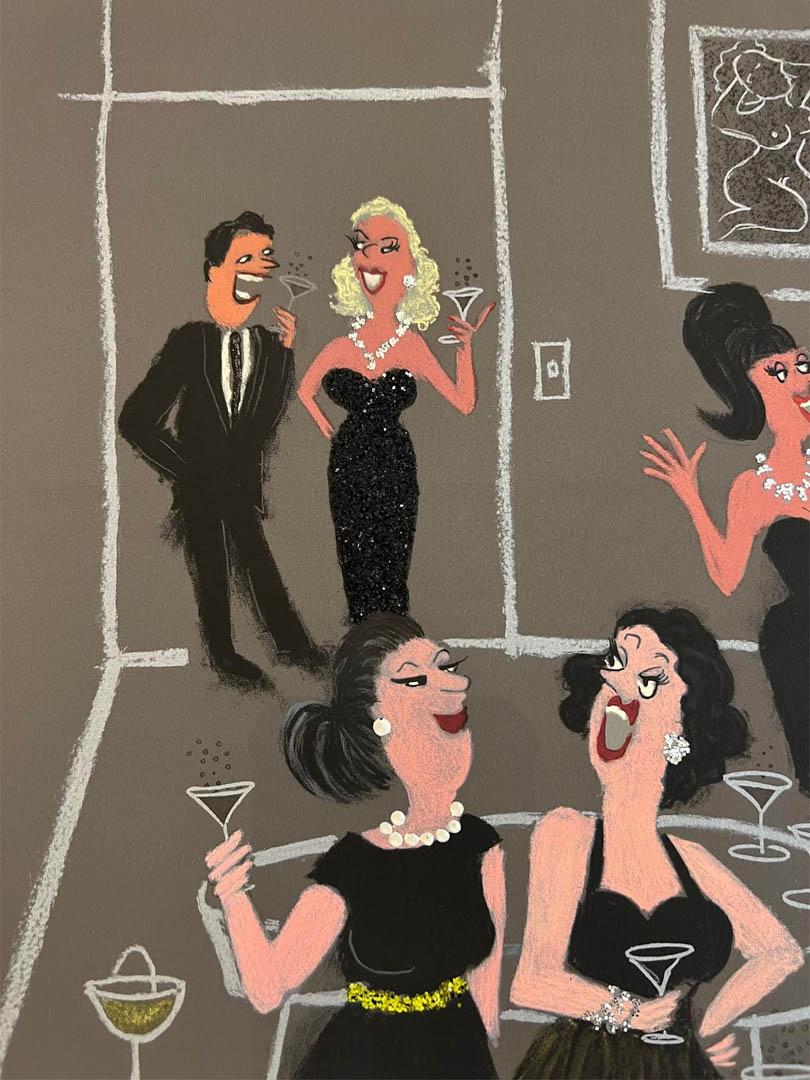 Cocktail Party ist eine beschwingte, leicht nostalgische Party-Szene. Handauflegen  schwarzer Glitter, Stevens verleiht der Oberfläche der Lithografie einen Hauch von Spaß. Dieser Preis gilt für ein ungerahmtes Kunstwerk. Bitte kontaktieren Sie uns,