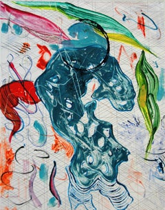 "Scholar Rocks 19", painterly abstract landscape monoprint, red, blue, green.