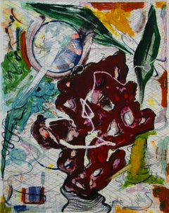 "Scholar Rocks 20", painterly abstract landscape monoprint, green, violet, blue.