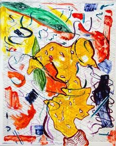 Scholar Rocks 24, painterly abstract landscape monoprint, yellow, green, orange.