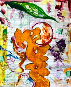 "Scholar Rocks Six", painterly abstract landscape print, orange, green, violet.