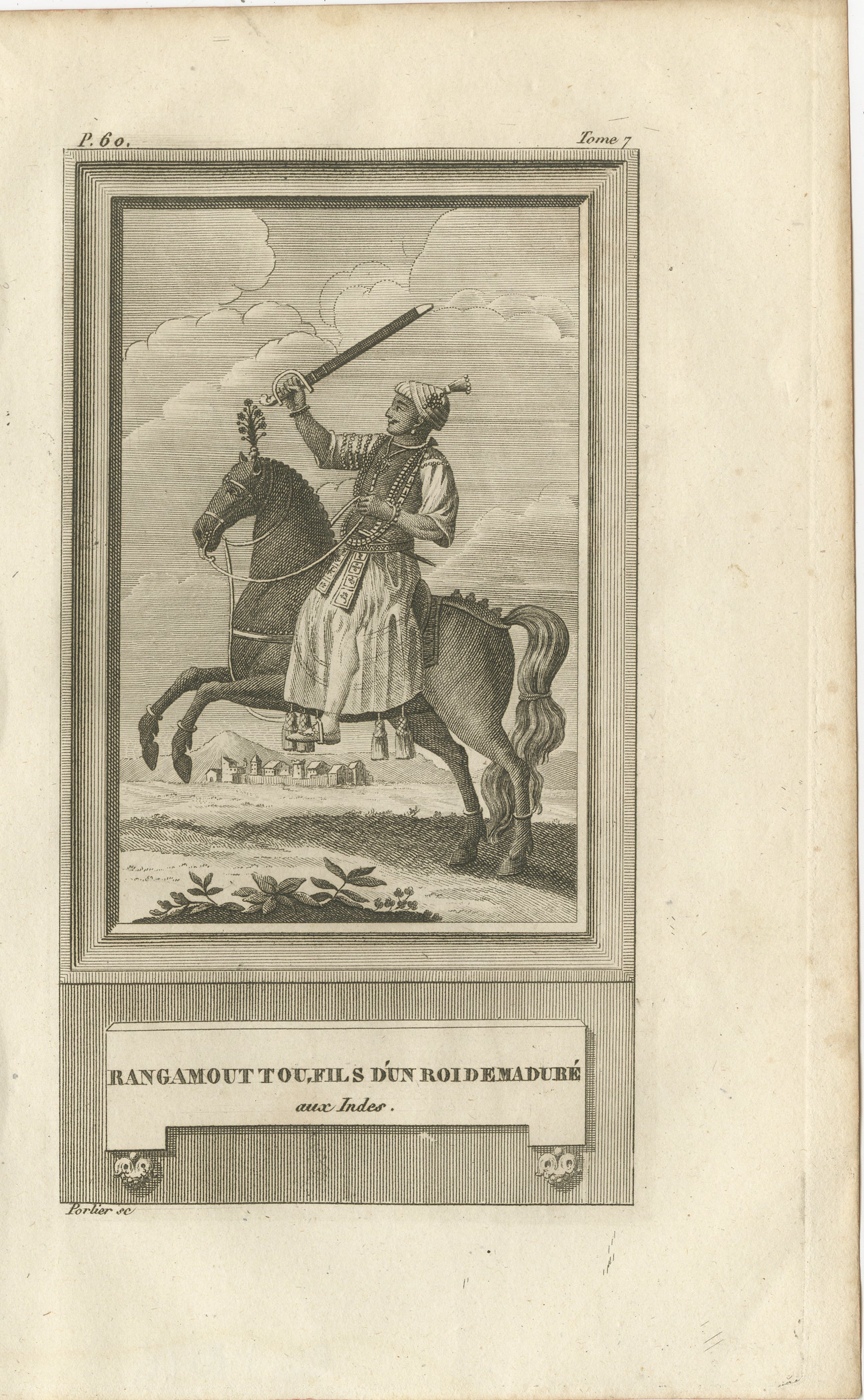 Rangamout Touel, fils d'un roi de Madurai - Antique French Engraving, c.1790

Cette gravure ancienne détaillée, intitulée 