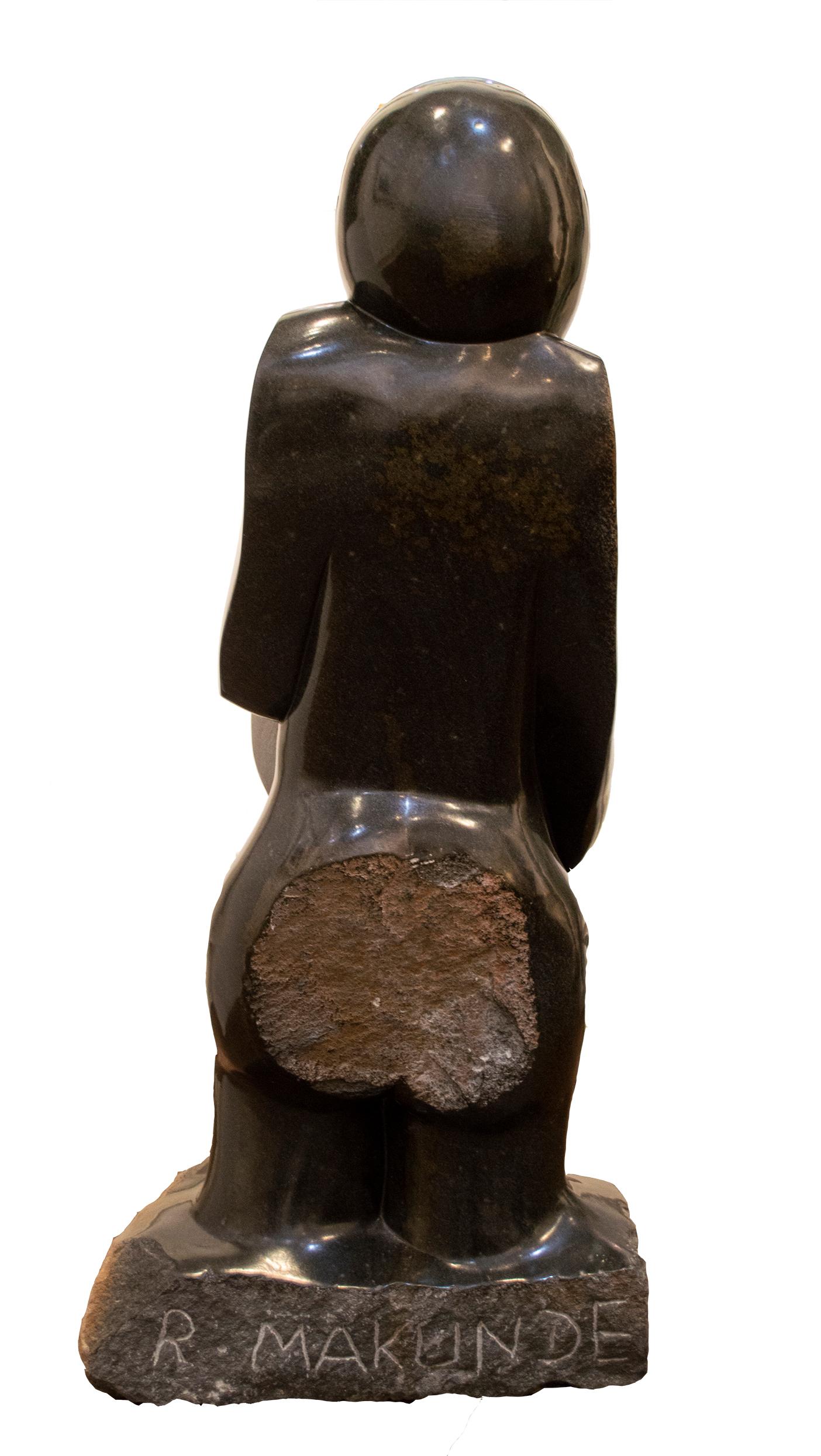 'Famine' is an original springstone sculpture signed by the Zimbabwean artist Rangarirai Makunde. The sculpture presents a solitary figure who stands facing directly forward. He holds a bowl in his hands, showing the viewer the emptiness it