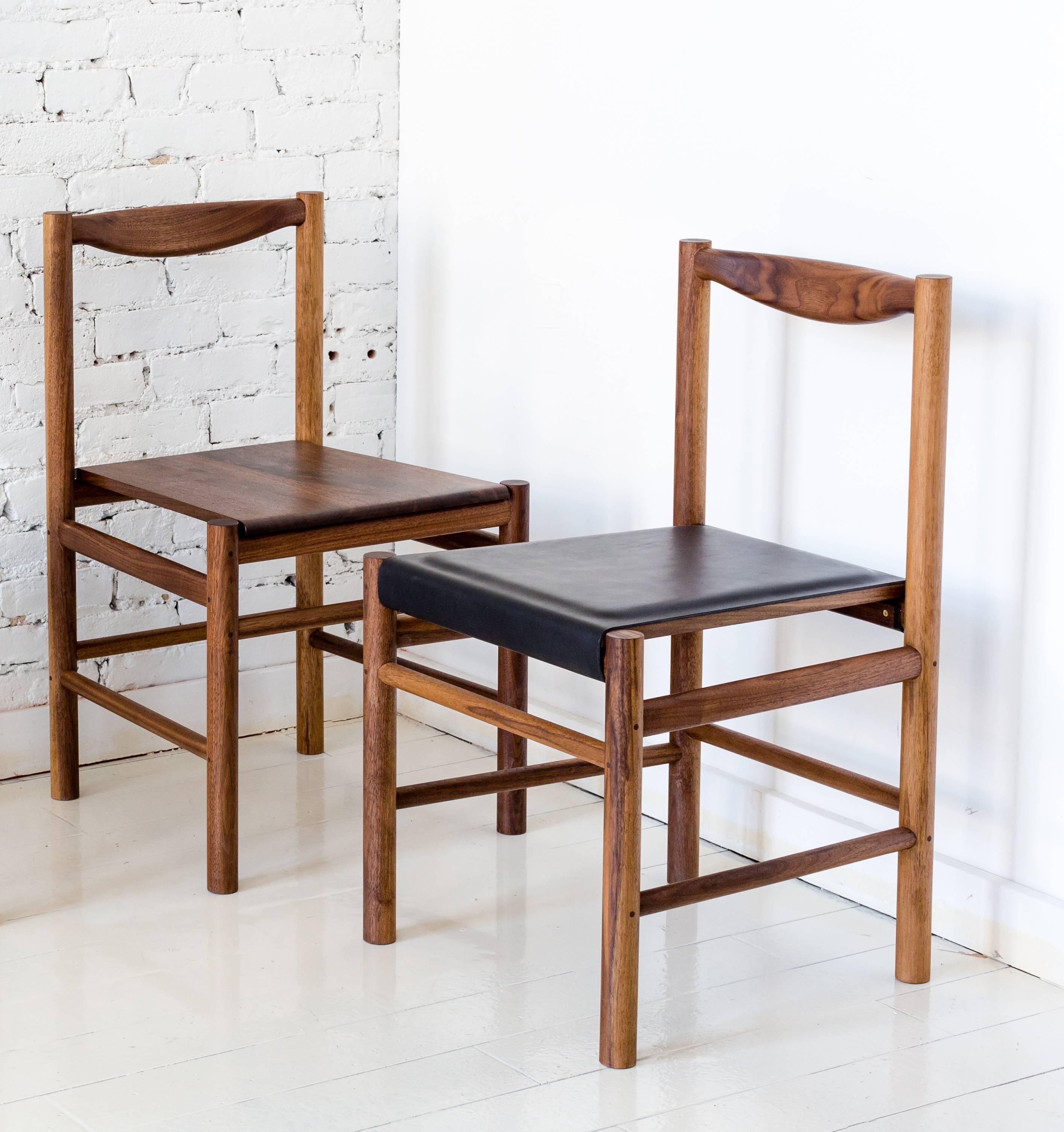 Contemporary Range Dining Chair in Walnut and Black Leather by Fort Standard, in Stock For Sale