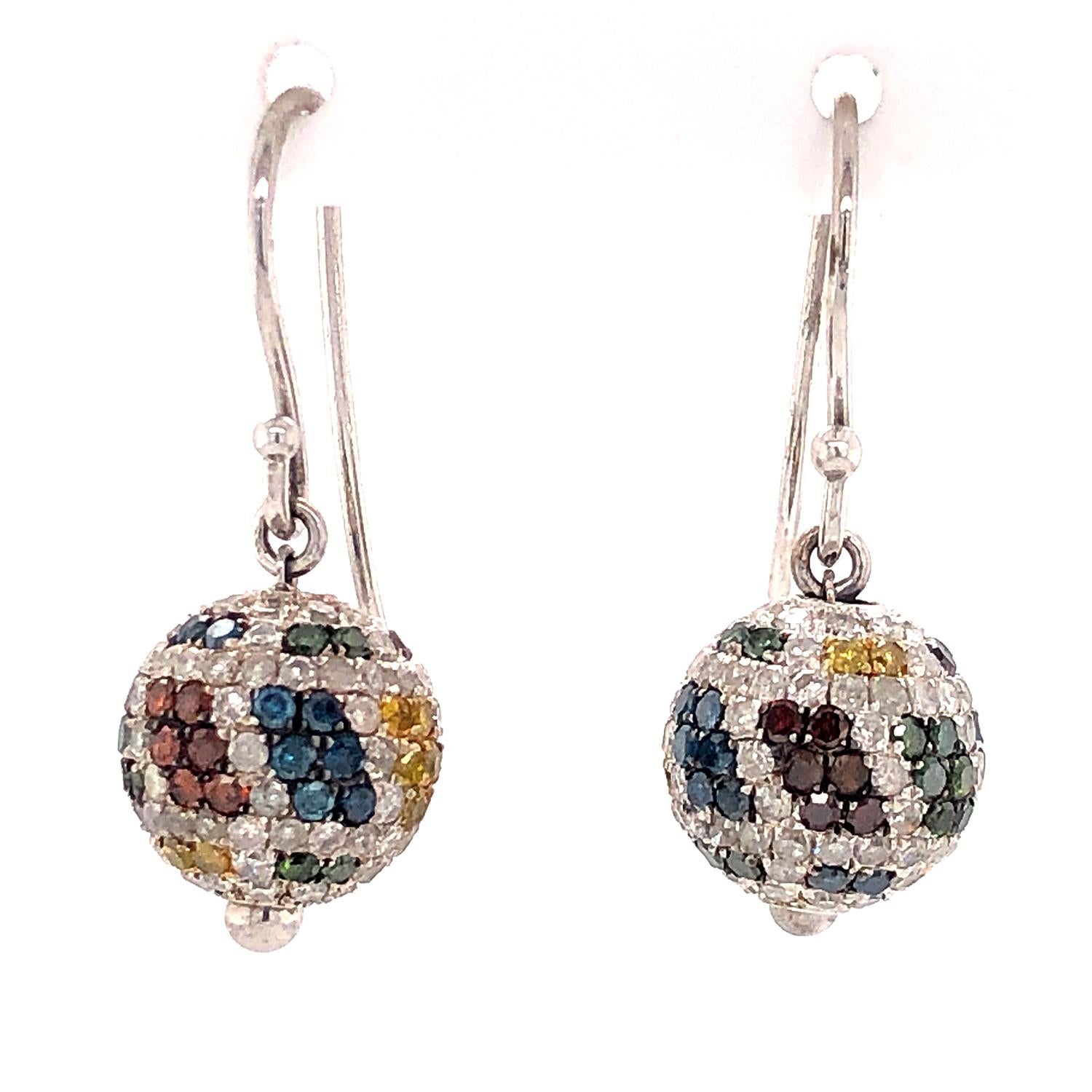 Mixed Cut Ranibow Color Themed Pave Diamonds Ball Earrings Made In 14kt Gold & Silver For Sale