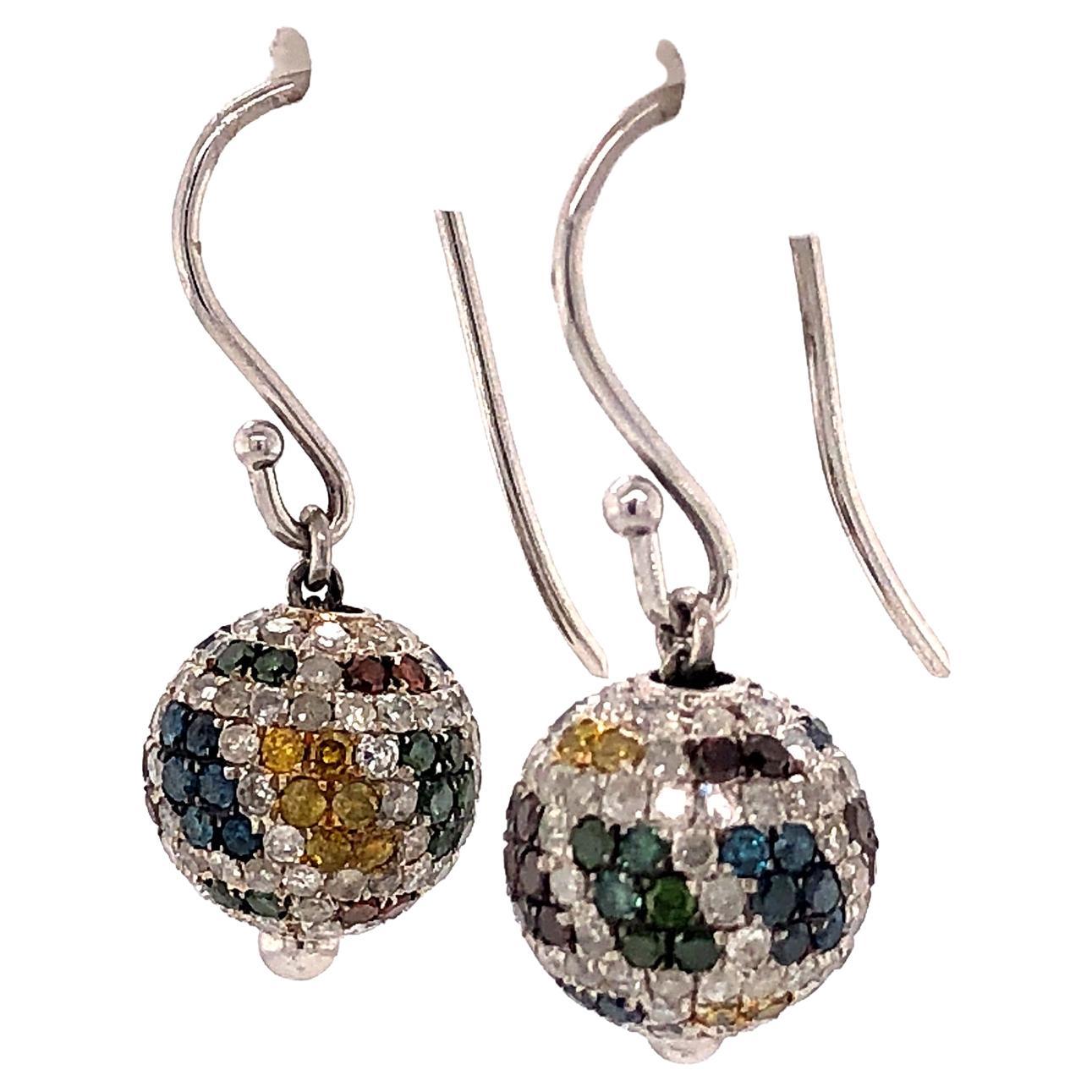 Ranibow Color Themed Pave Diamonds Ball Earrings Made In 14kt Gold & Silver For Sale