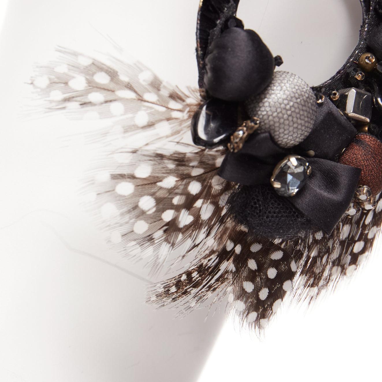RANJANA KHAN black brown dotted feather beads bow dangling clip on earrings For Sale 1