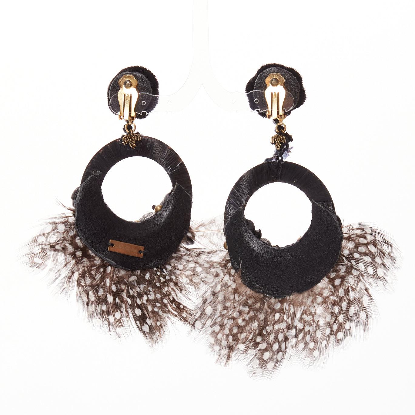 RANJANA KHAN black brown dotted feather beads bow dangling clip on earrings For Sale 2