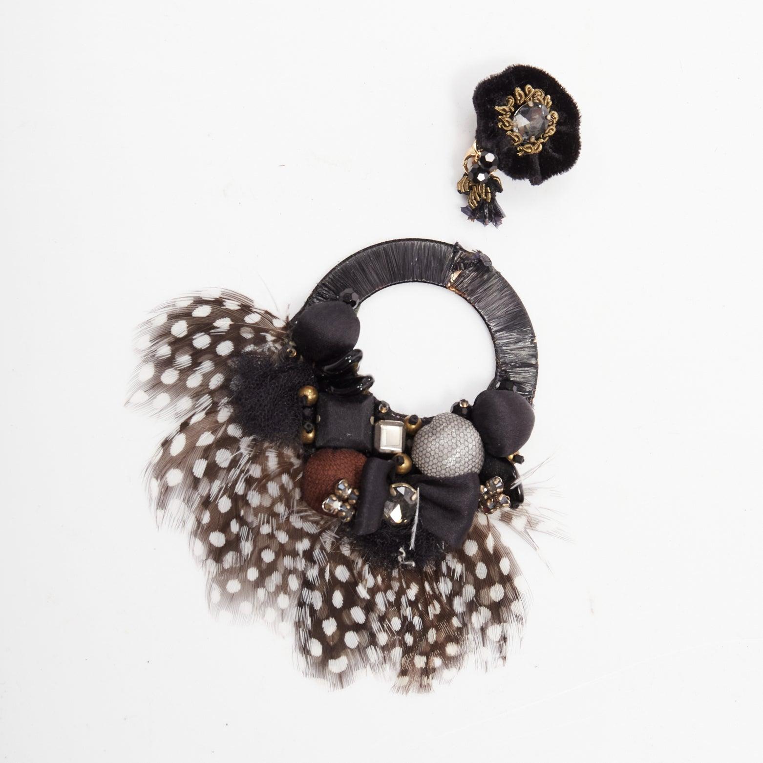 RANJANA KHAN black brown dotted feather beads bow dangling clip on earrings For Sale 3