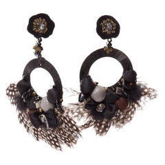 RANJANA KHAN black brown dotted feather beads bow dangling clip on earrings