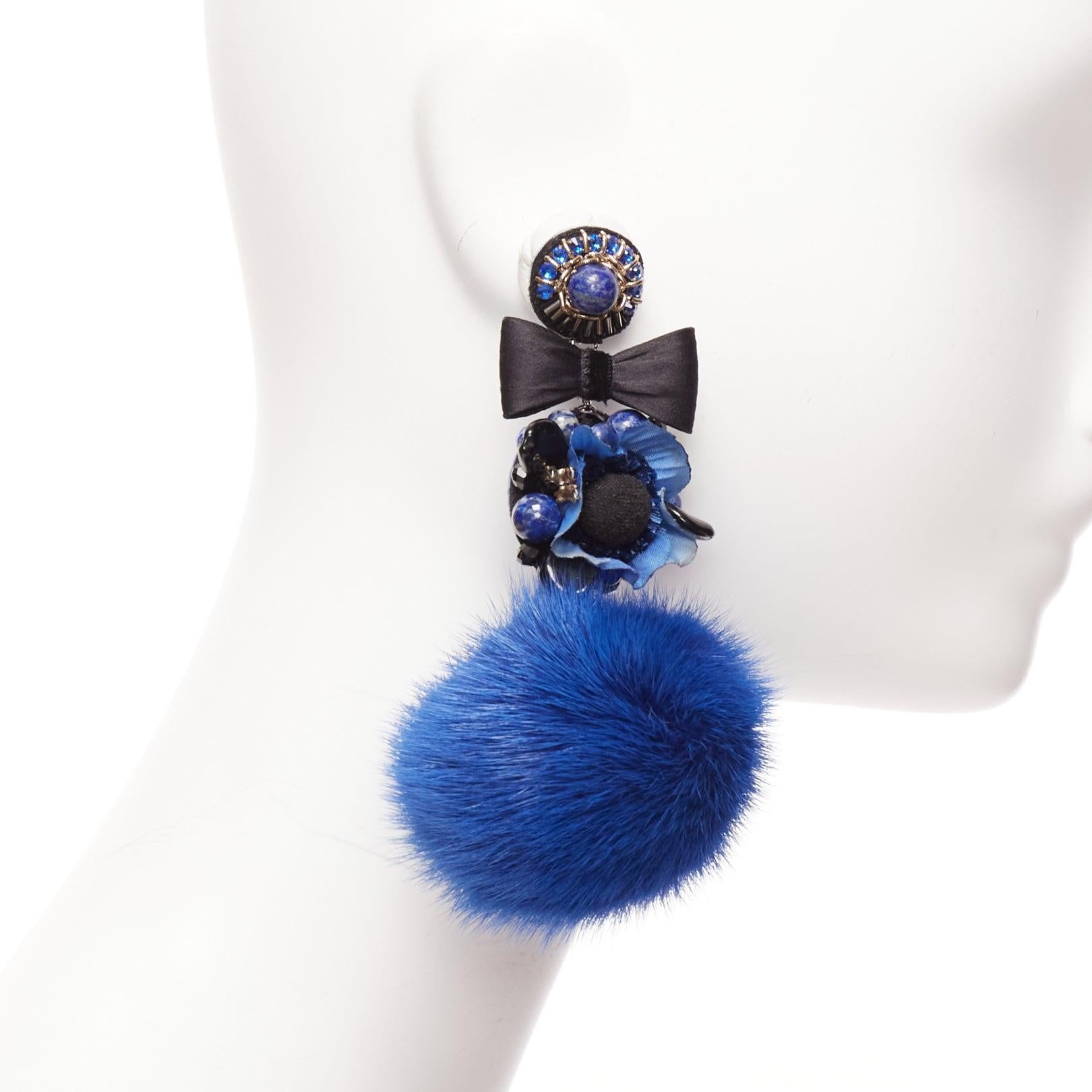 RANJANA KHAN blue black real fur crystal dangling clip on earrings In Good Condition For Sale In Hong Kong, NT