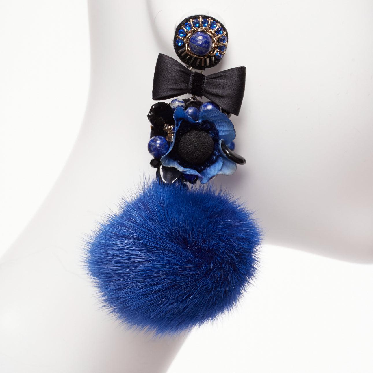 Women's RANJANA KHAN blue black real fur crystal dangling clip on earrings For Sale