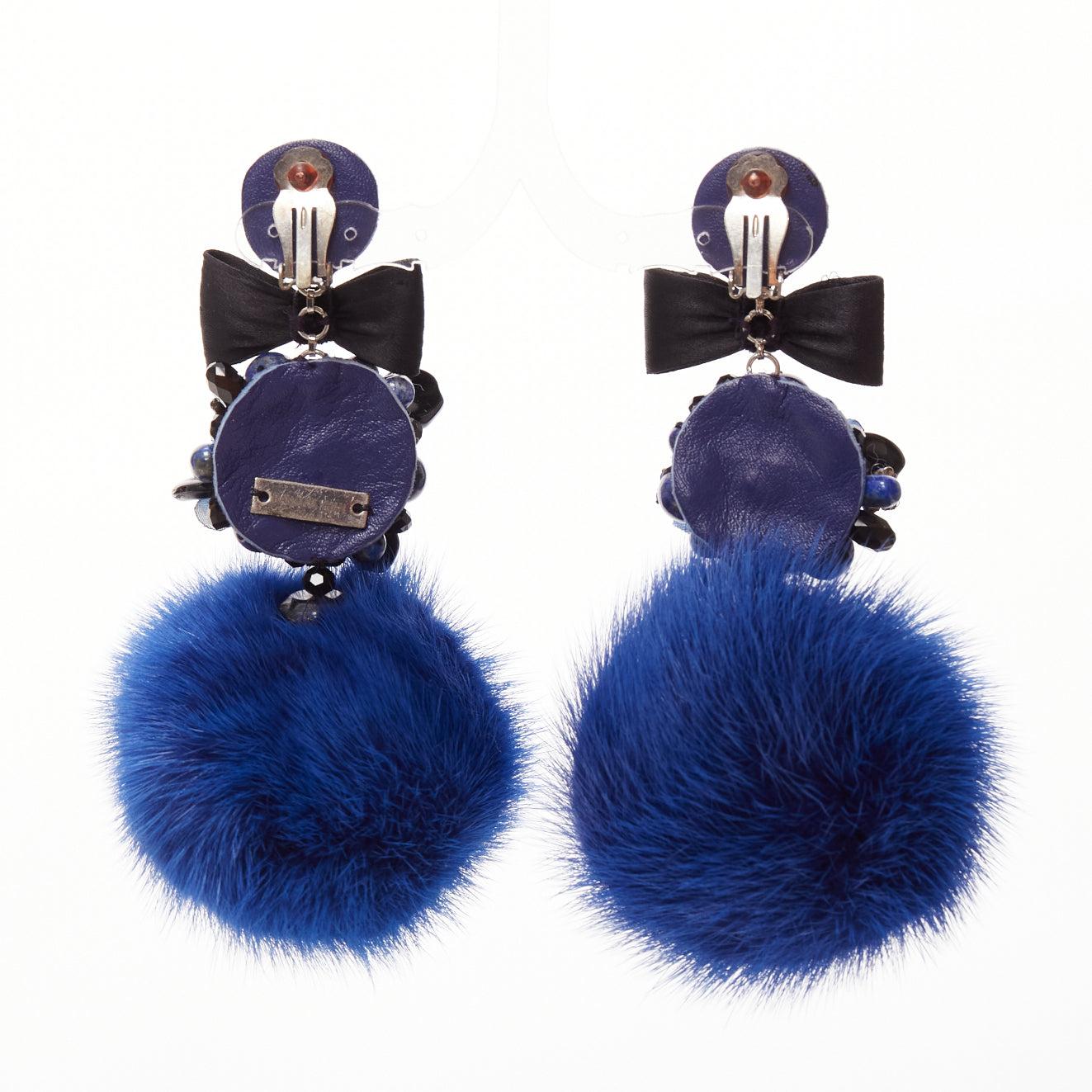 RANJANA KHAN blue black real fur crystal dangling clip on earrings For Sale 1