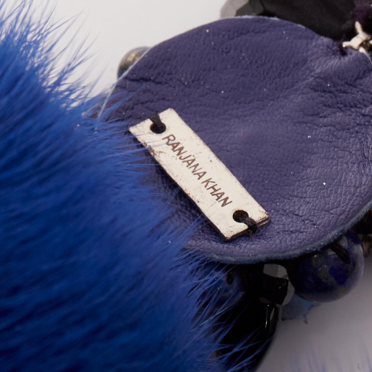 RANJANA KHAN blue black real fur crystal dangling clip on earrings For Sale 2
