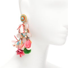 RANJANA KHAN light pink stone green pom pom dangling clip on earrings Pair