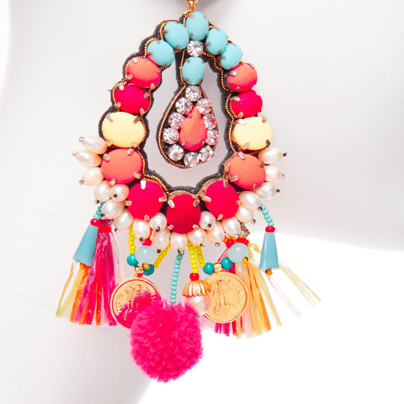 RANJANA KHAN neon orange crystal beads multi dangling clip on earrings In Good Condition For Sale In Hong Kong, NT