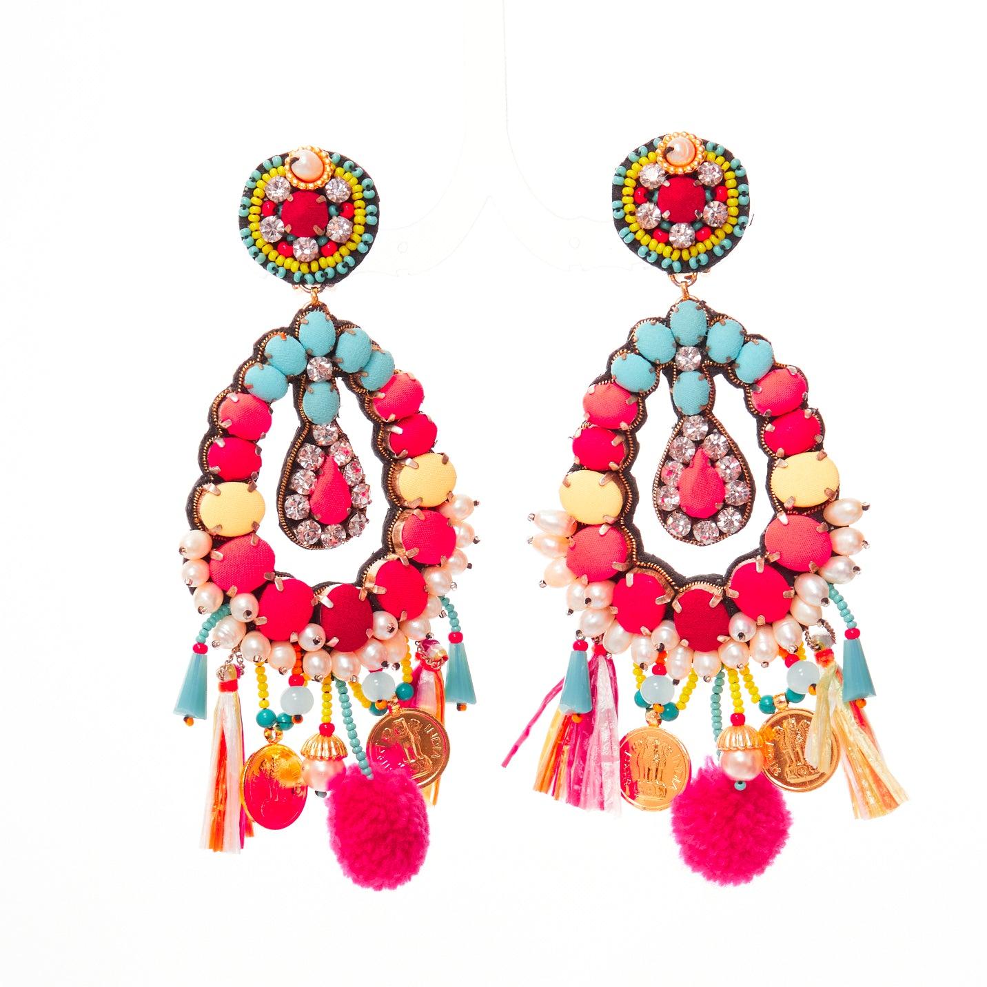 RANJANA KHAN neon orange crystal beads multi dangling clip on earrings For Sale 1