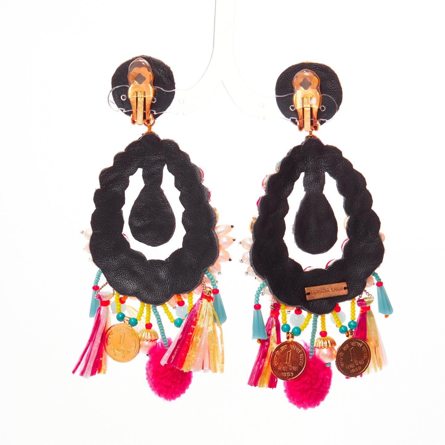 Ranjana Khan, orecchini a clip con perline di cristallo arancione neon e multi pendenti in vendita 2