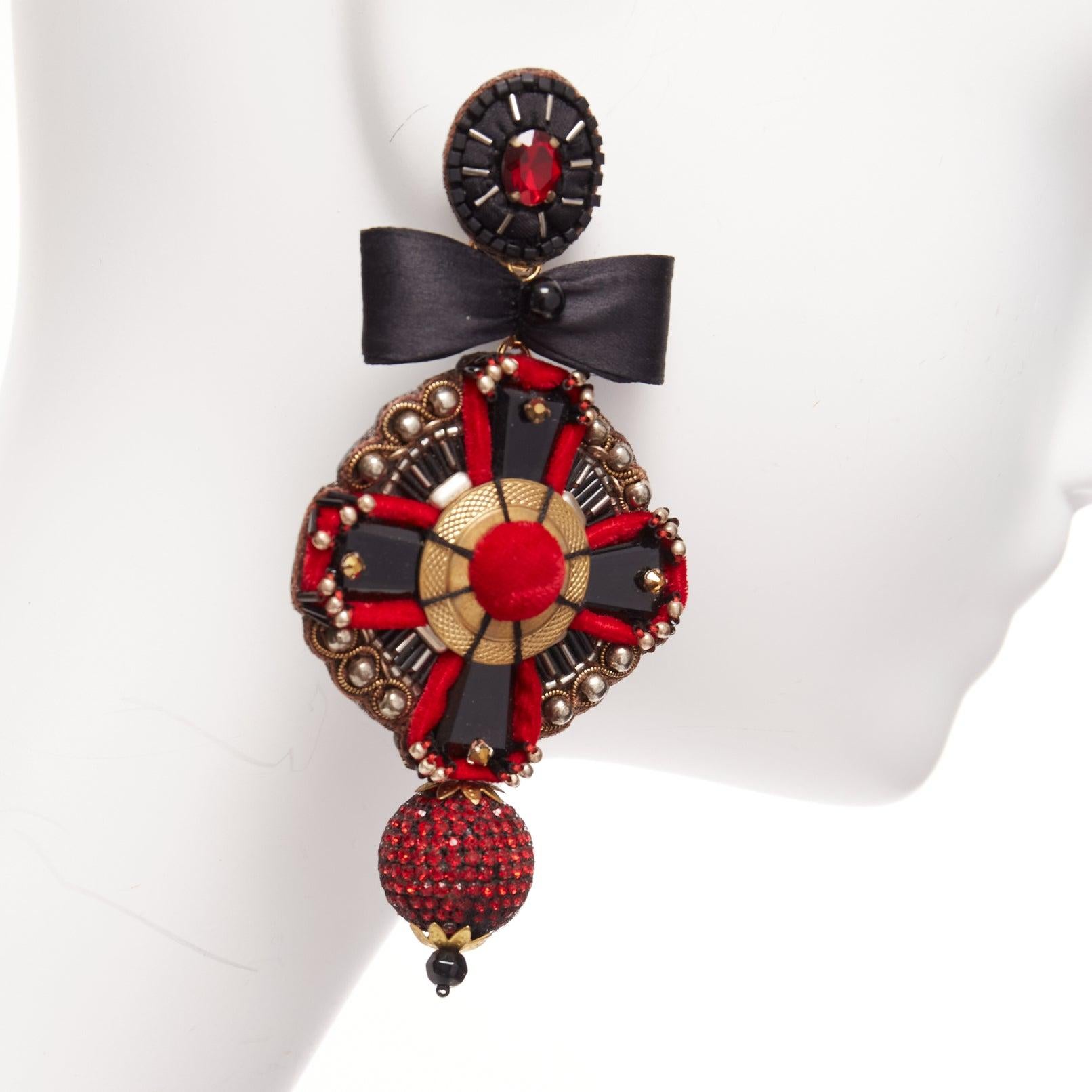 Women's RANJANA KHAN red black ethnic bow crystal ball dangling clip on earrings For Sale