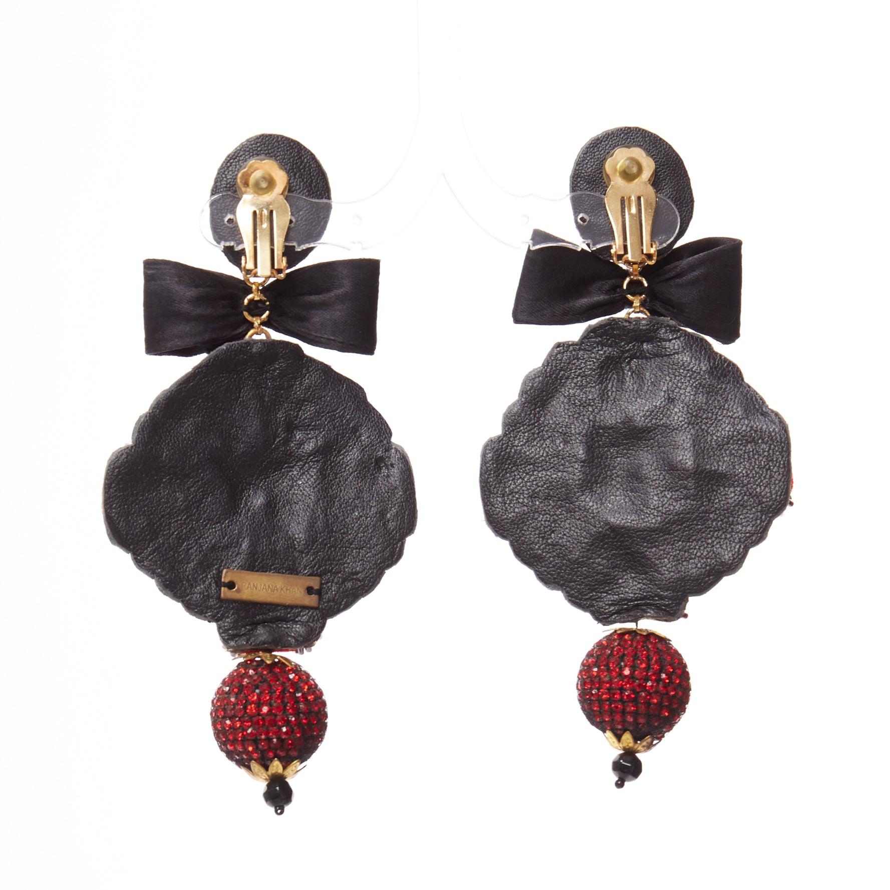 RANJANA KHAN red black ethnic bow crystal ball dangling clip on earrings For Sale 1