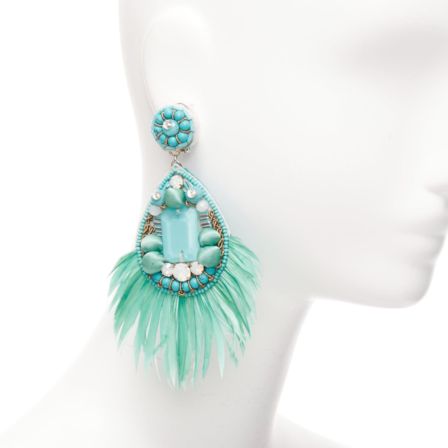 RANJANA KHAN teal green feather beads big dangling clip on earrings In Good Condition For Sale In Hong Kong, NT